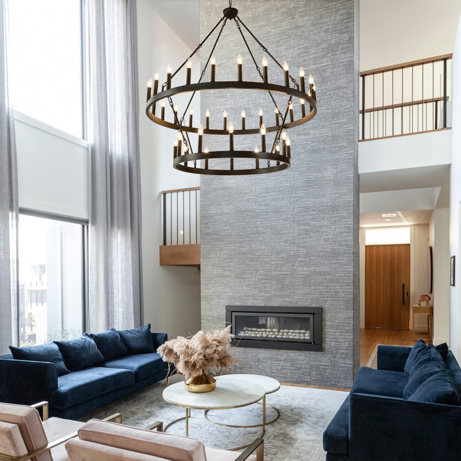 Extra Large 48-Inch Black Rustic Wagon Wheel Chandelier - 36-Light Farmhouse Pendant Light Fixture for High Ceilings | Perfect for Dining Room, Living Room, Kitchen Island, Foyer & Entryway | Creates Cozy Ambiance for Farmhouse, Rustic & Industrial Decor Styles