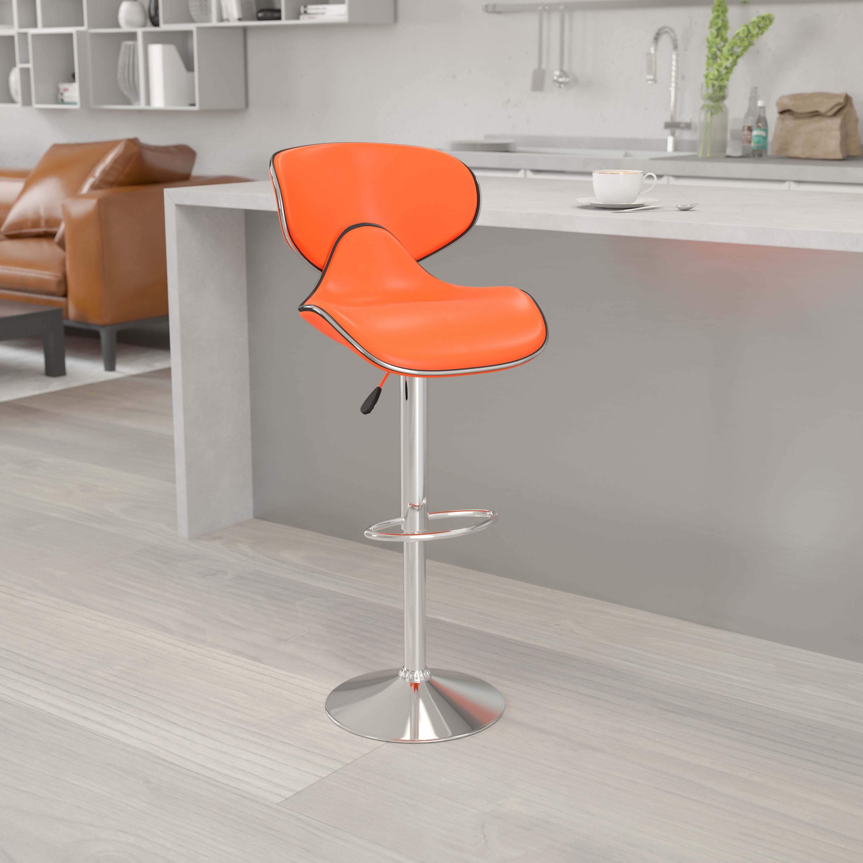Devin Contemporary Adjustable Height Barstool - Black Vinyl Upholstery, Chrome Base - Modern Kitchen Island & Home Bar Stool for Dining & Entertaining