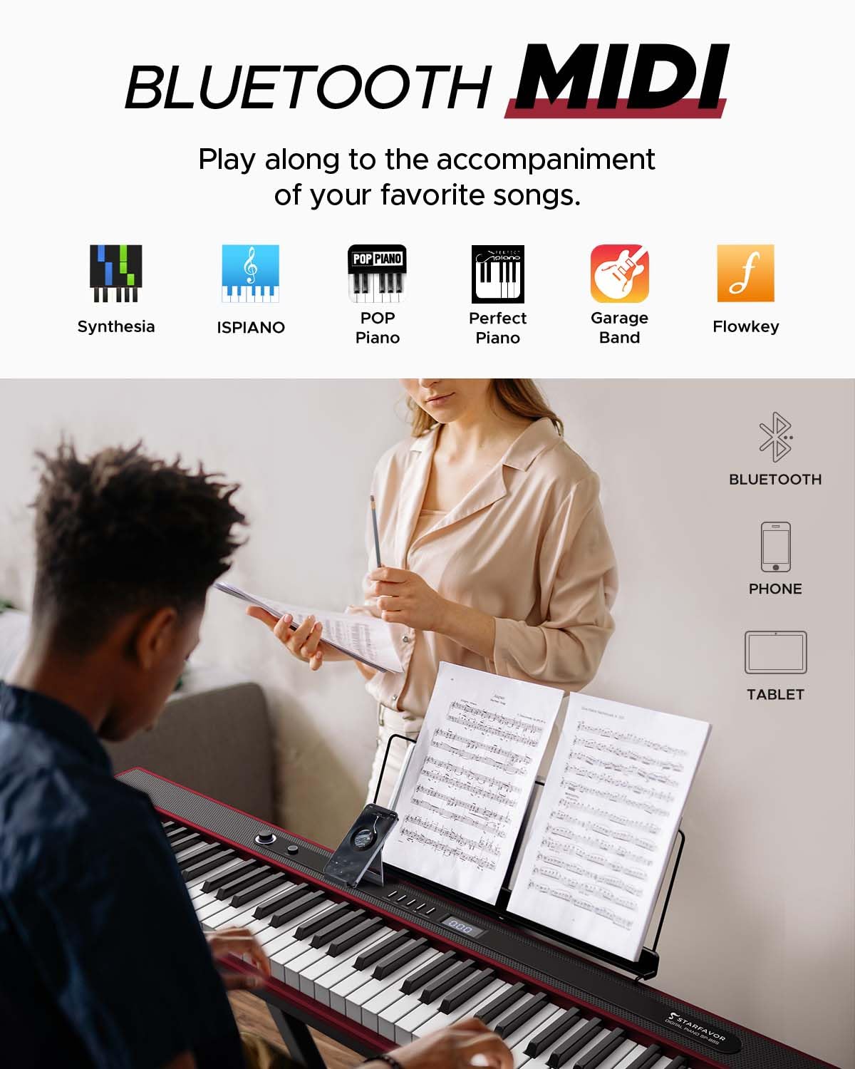 Starfavor 88 Key Digital Piano - Semi-Weighted Keyboard with Bluetooth, Stand, Pedal & Carrying Bag - Perfect for Beginners, Home Practice & Live Performances (Red)