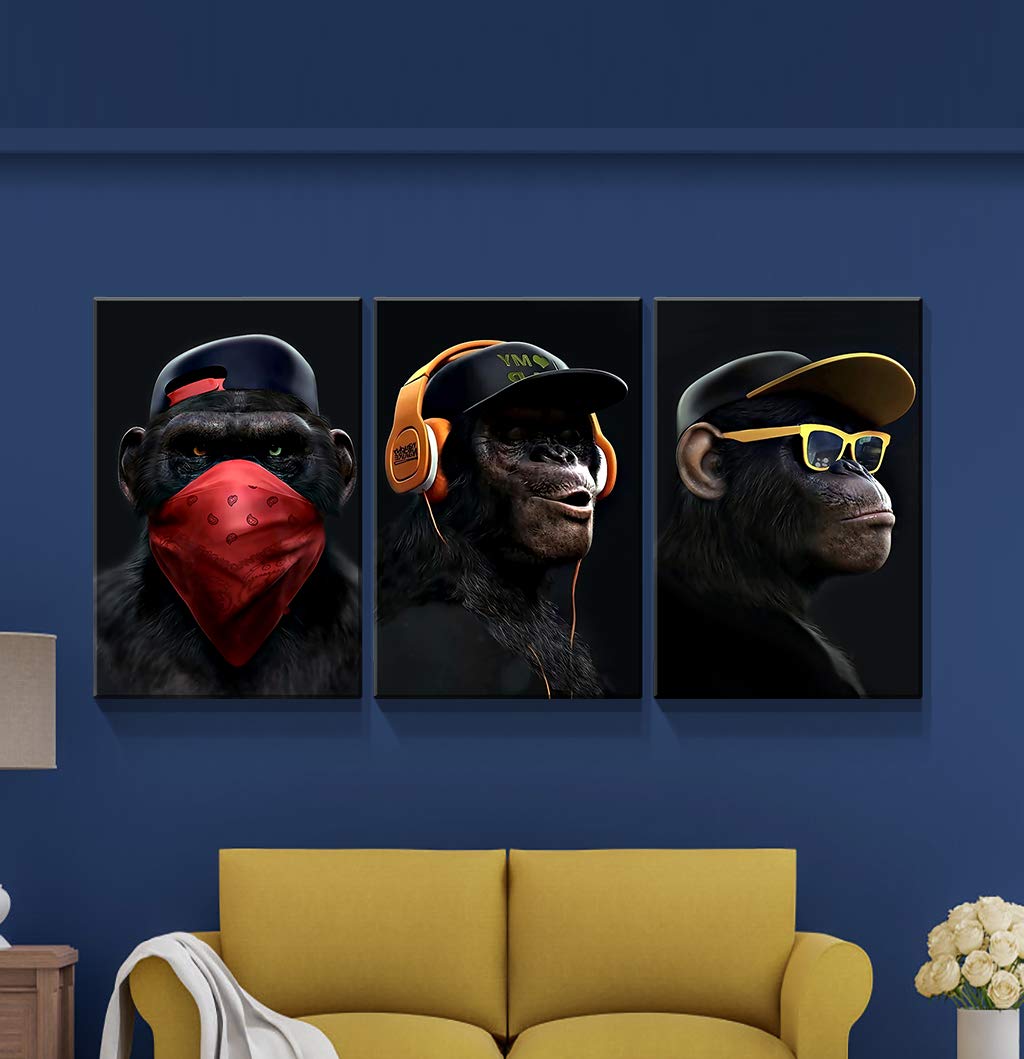 Denozer - 3 Piece Canvas Wall Art with Music Gorilla Design, Giclee Print Gallery Wrapped Ready to Hang, 24