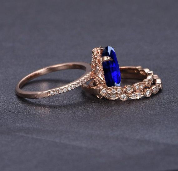 2 Carat Sapphire & Moissanite Diamond Halo Wedding Ring Set in 10K Rose Gold - Elegant Bridal Jewelry for Engagement, Anniversary & Special Occasions