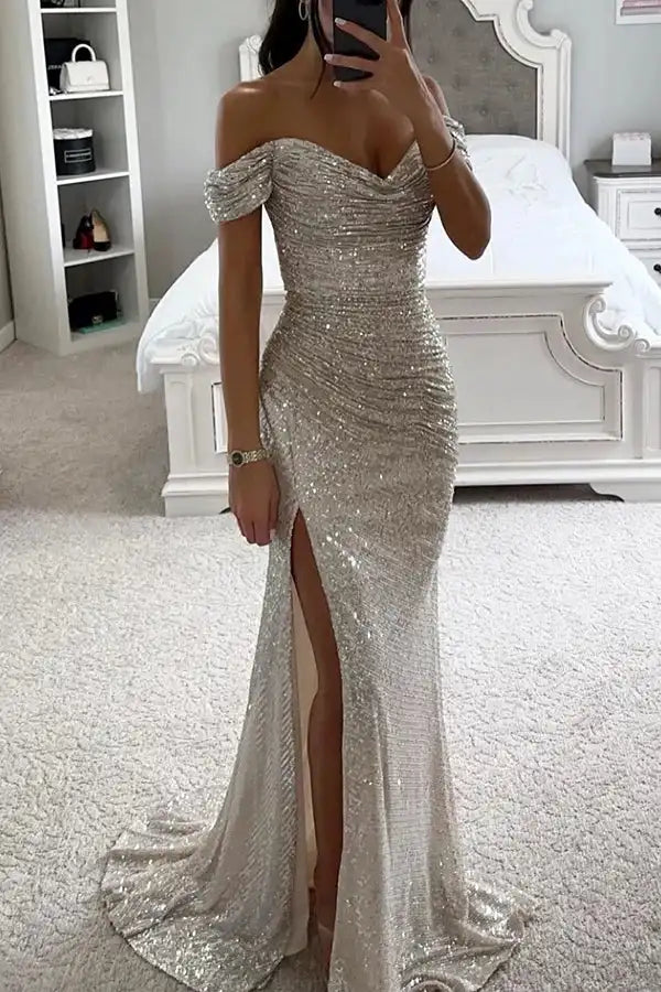 Elegant Off Shoulder Sequin Mermaid Maxi Dress for Women | 2025 Prom Party Evening Gown | Perfect for Formal Events, Weddings & Special Occasions