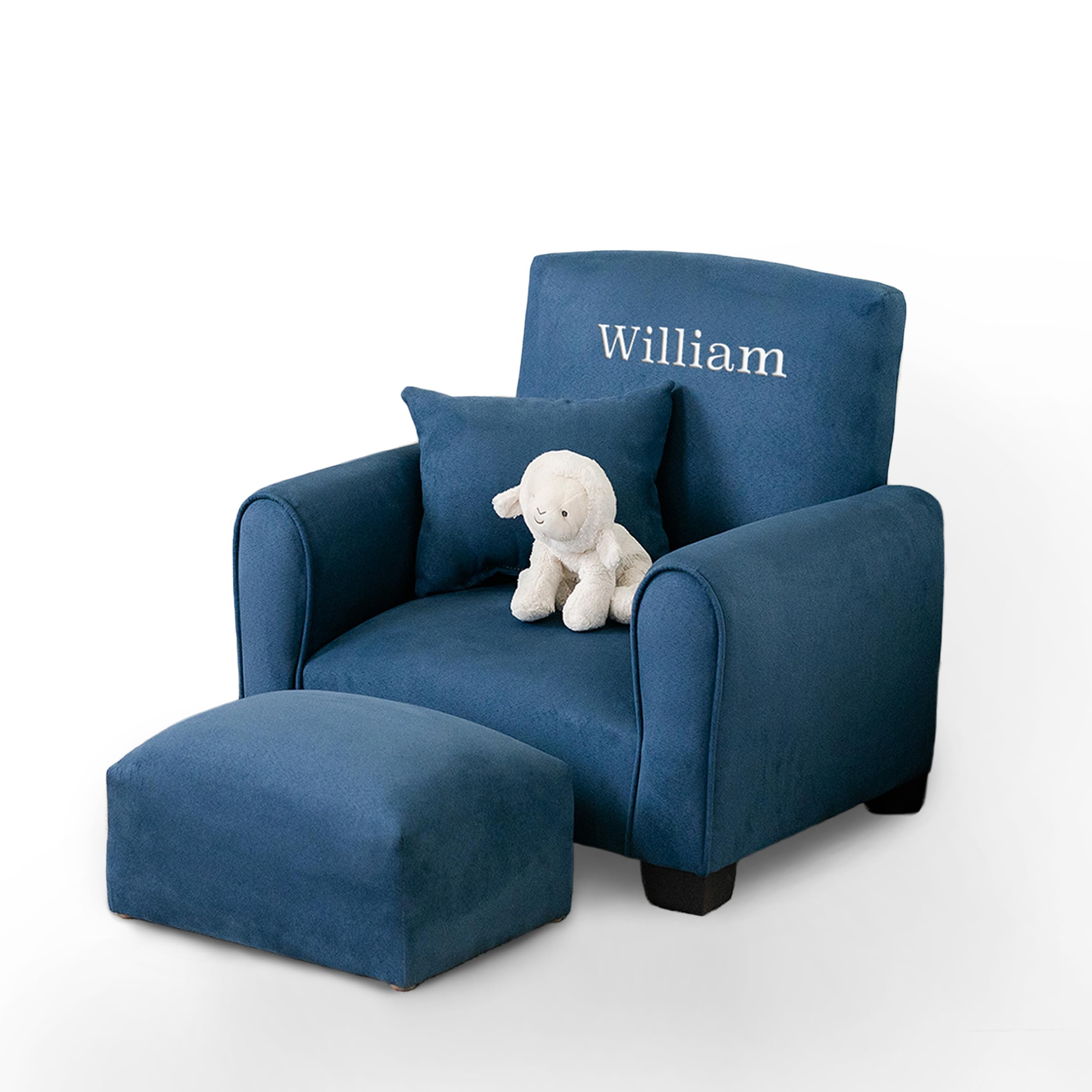 Personalized Kids Rocking Chair with Name - Navy Suede Upholstered Toddler Armchair | Comfortable & Customizable Nursery Furniture for Playroom, Bedroom or Gift