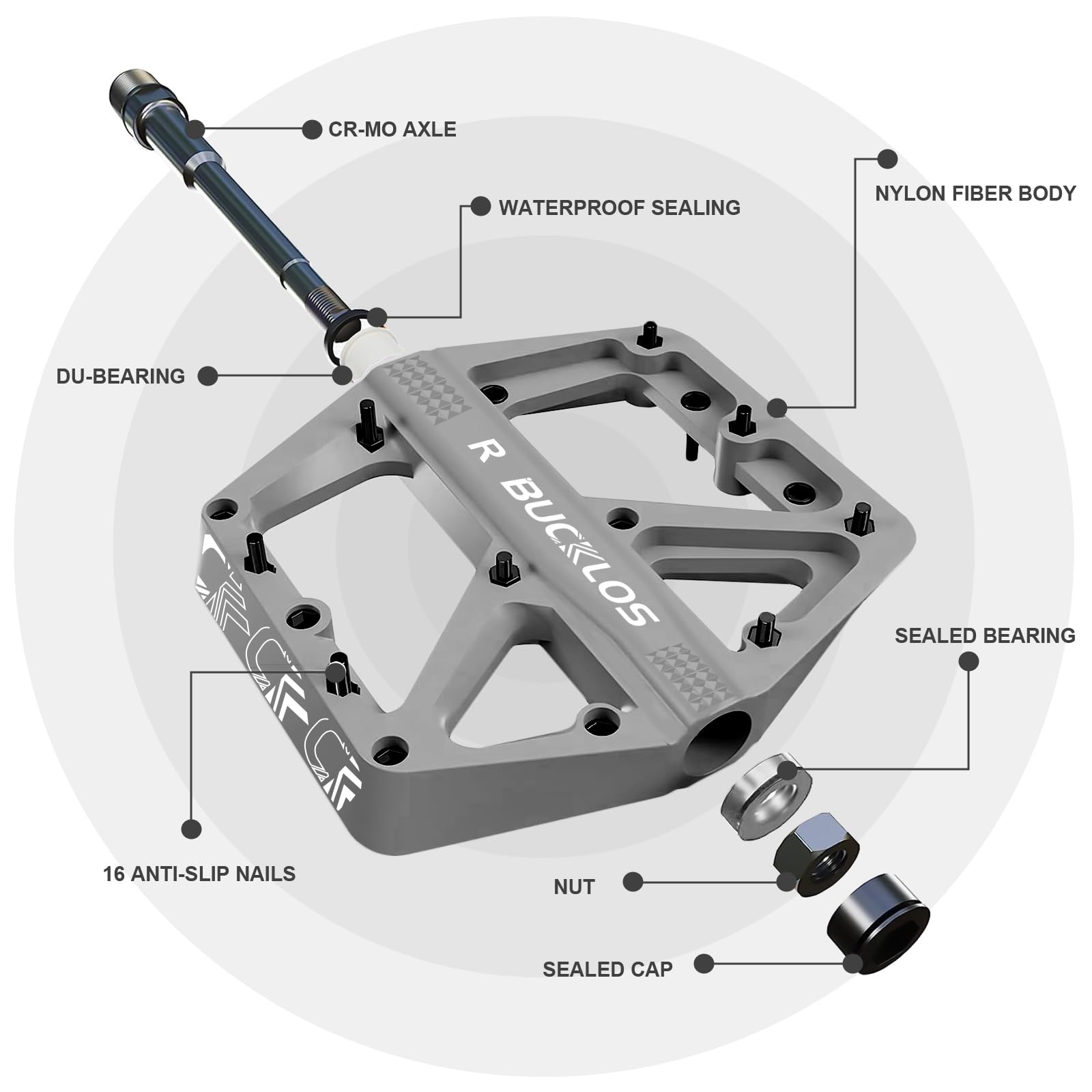 BUCKLOS MTB Pedals - Non-Slip Large Platform Mountain Bike Pedals for Adults, 9/16