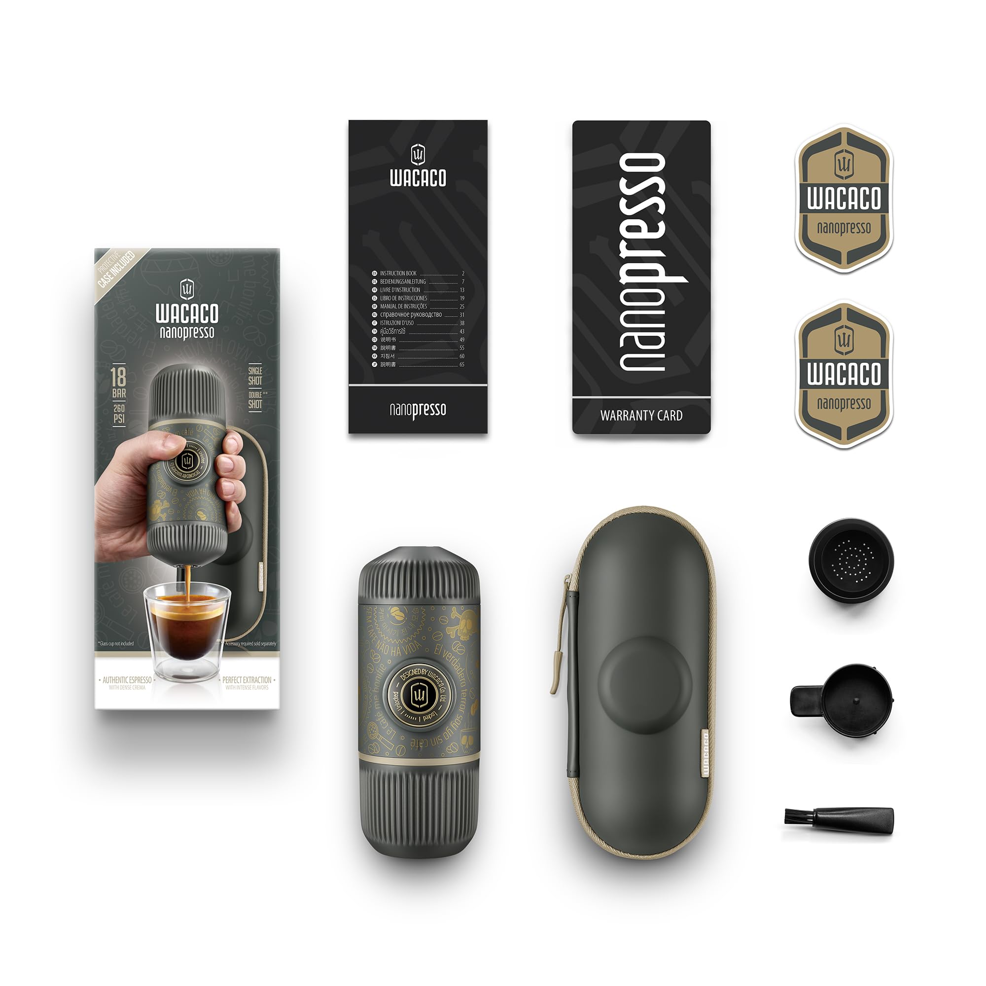 WACACO Nanopresso Portable Espresso Machine - 18 Bar Pressure Handheld Coffee Maker with Protective Case | Manual Operation for Travel, Camping & Office Use (Dark Soul Grey)