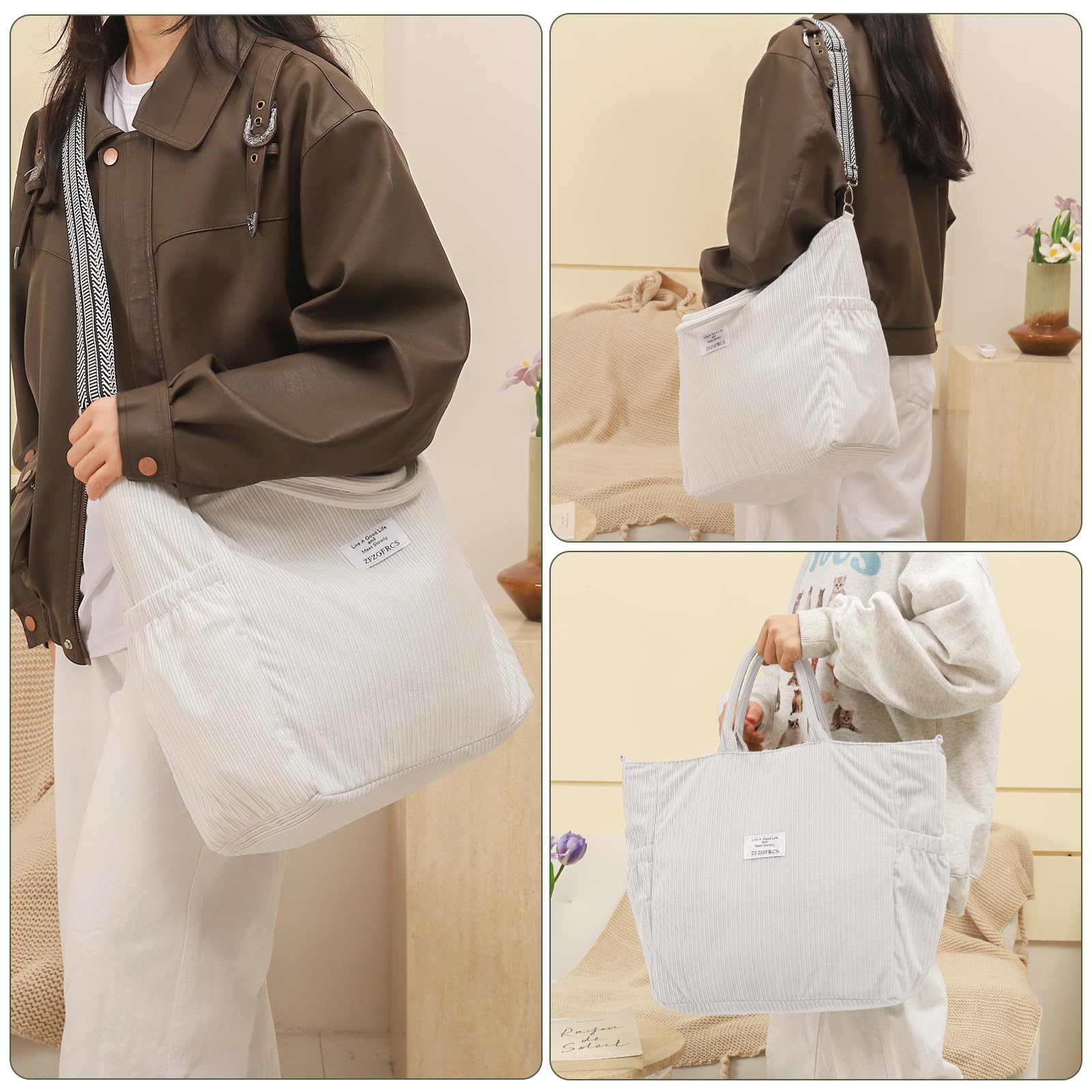 Stylish Women's Corduroy Tote Bag with Zipper - Large Casual Hobo Shoulder Bag for Work, Shopping & Travel | Durable Everyday Handbag for Office, Commute and Weekend Outings