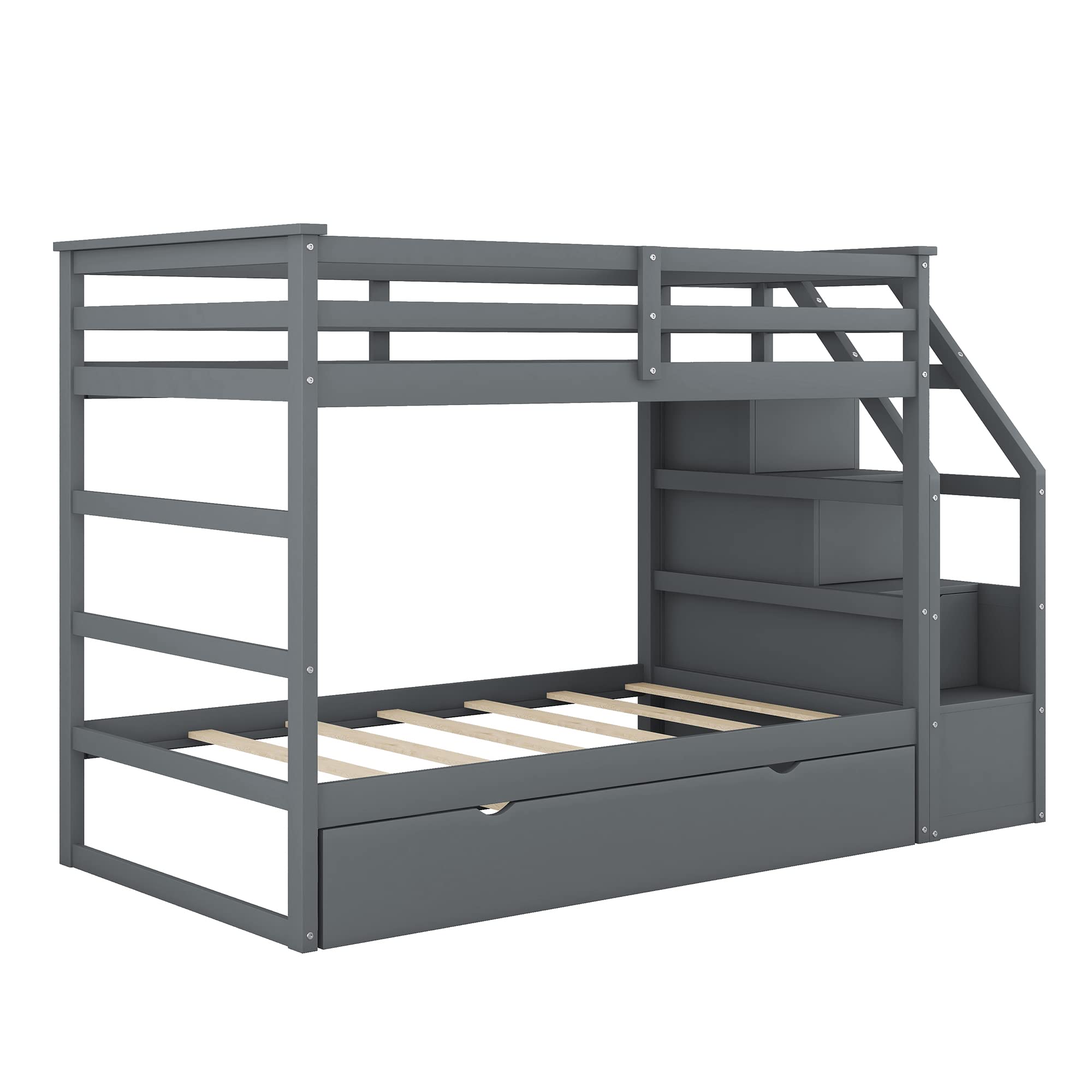 Wooden Twin Bunk Bed with Stairs & Storage Drawers - Space-Saving Kids Bunk Bed with Pull-Out Trundle for Boys & Girls (Grey) - Perfect for Small Bedrooms, Shared Kids Rooms & Sleepovers