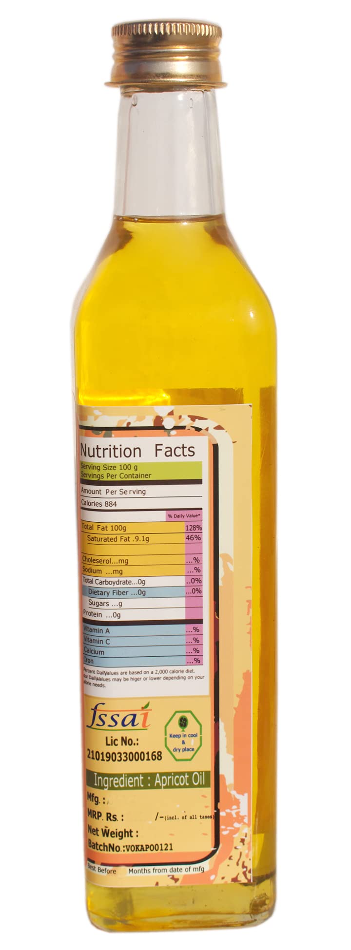 Vale Of Kashmir 100% Pure Natural Cold Pressed Apricot Oil - 100ml Glass Bottle for Face, Skin, Hair & Body Massage | Organic Moisturizer for Dry Skin, Anti-Aging & Aromatherapy | Perfect for DIY Beauty Recipes & Spa Treatments