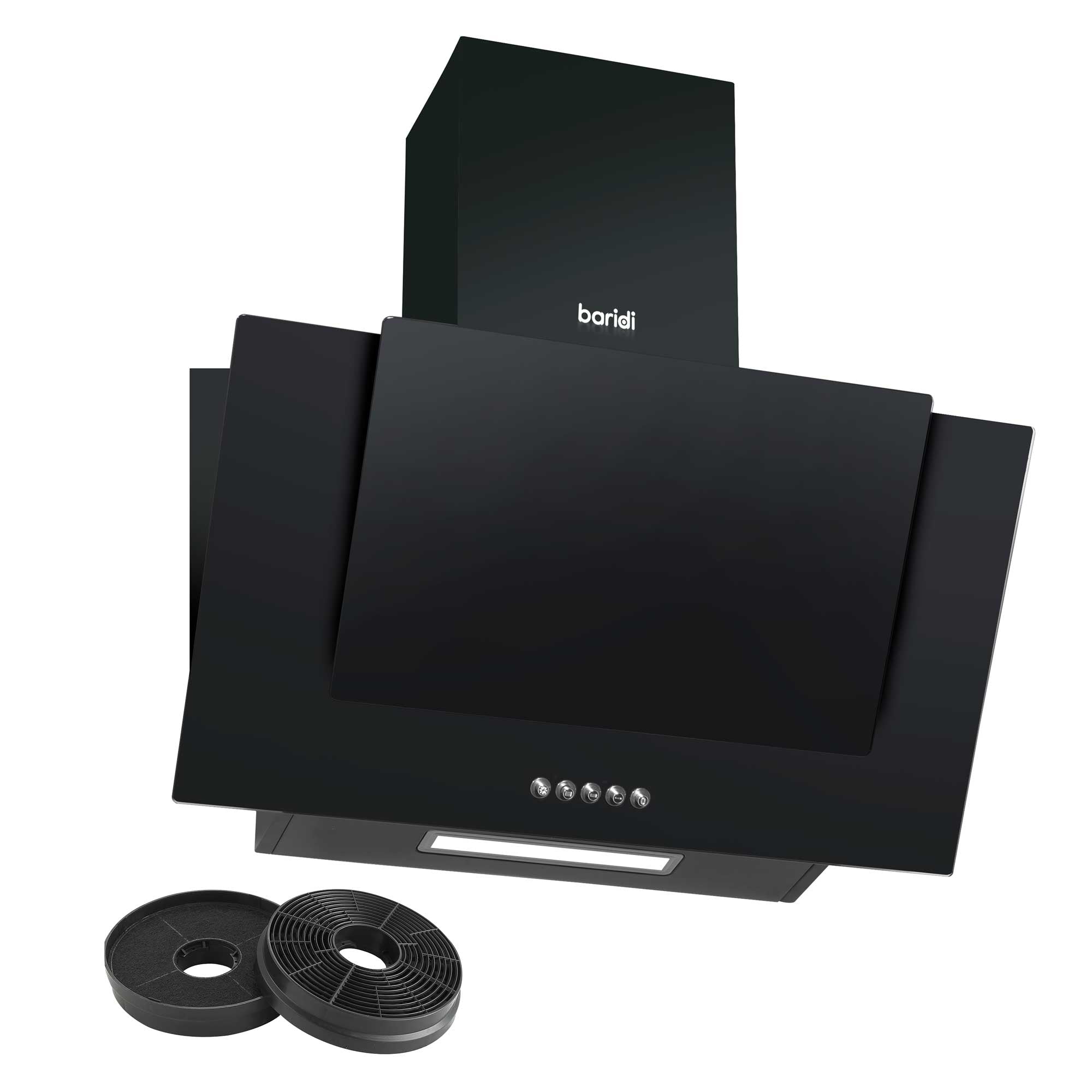 Baridi 60cm Angled Chimney Cooker Hood with Carbon Filters & LED Light - Black Glass Kitchen Extractor Fan - DH129 | Modern Ventilation for Home Cooking & Smoke Removal