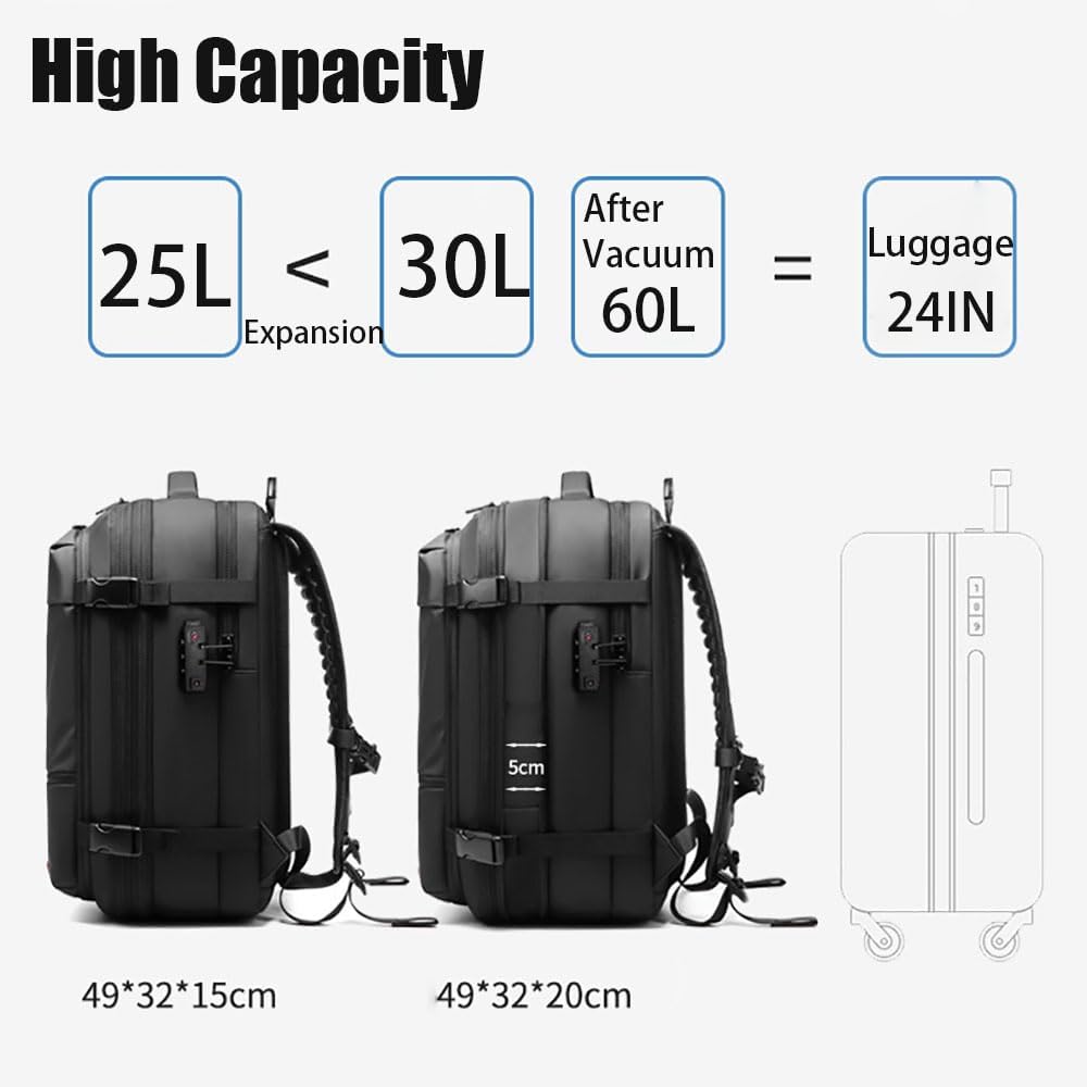 VacPack 2.0 Expandable 60L Vacuum Travel Backpack with Air Pump - Anti-Theft Grey Carry-On Luggage for Camping, Hiking & International Trips