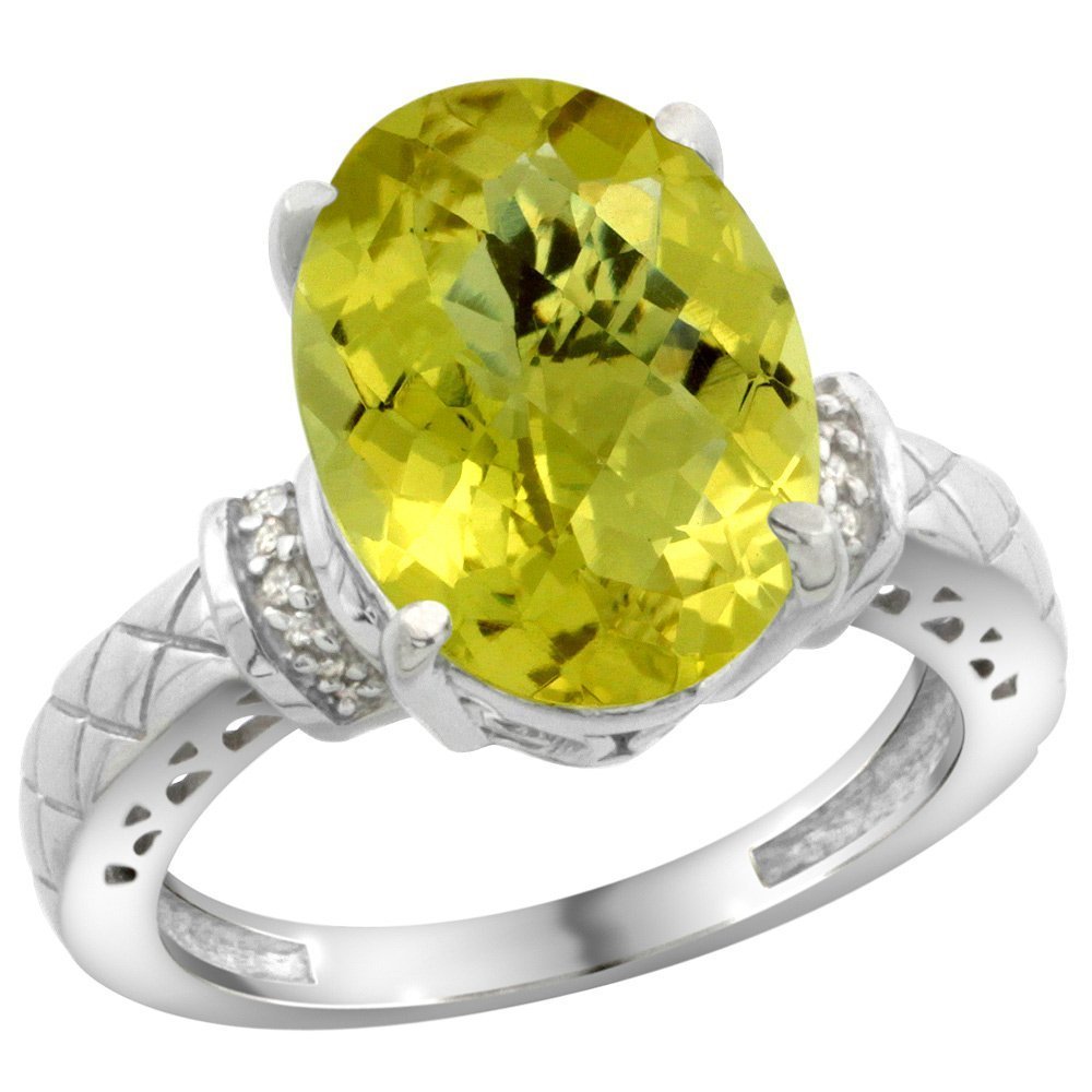 **Sterling Silver Diamond Natural Lemon Quartz Ring - 14x10mm Oval Cut, Size 5-10 - Elegant Jewelry for Women, Perfect for Weddings, Anniversaries & Special Occasions**