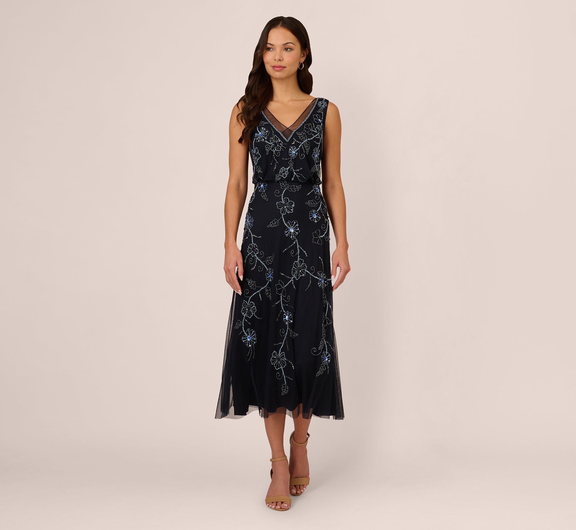 Elegant Sleeveless Beaded Blouson Midi Dress for Women - Midnight Multi Color Floral Party Cocktail Dress | Perfect for Evening Events, Weddings & Special Occasions