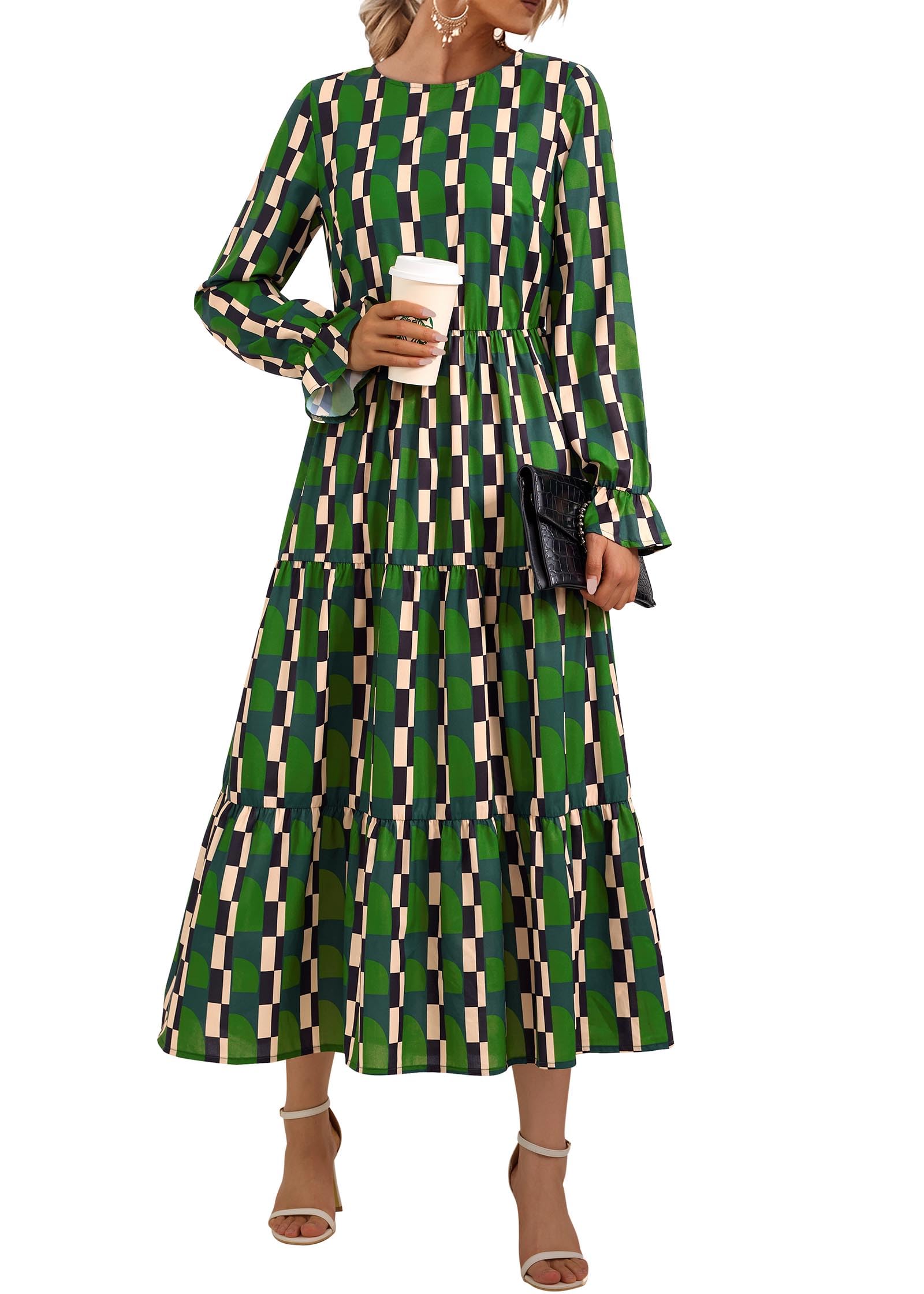 KIRUNDO Women's Long Sleeve Boho Floral Print Midi Dress - Spring Wedding Guest Dress with Pockets | Perfect for Casual Outings, Garden Parties & Special Occasions