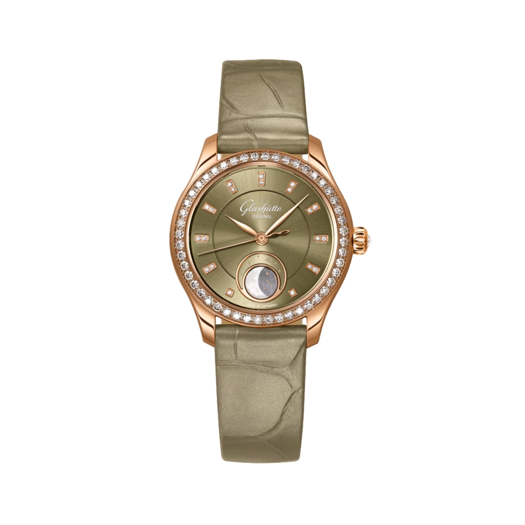 Serenade Luna Automatic Diamond Watch - 32.5mm Red Gold Case with Green Dial & Leather Strap | Luxury Women's Timepiece for Formal Events & Special Occasions