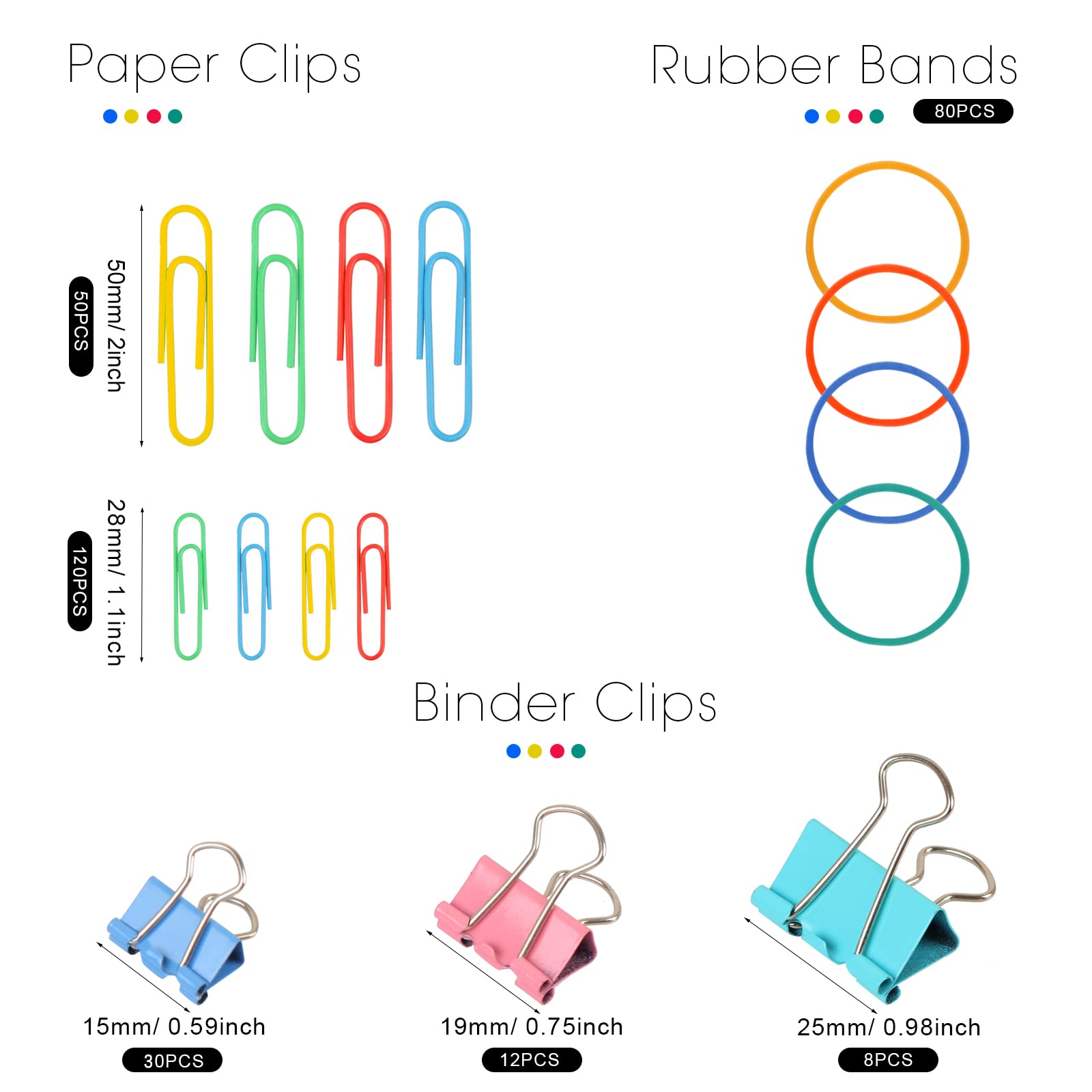 300 Pcs Paper Clips, Binder Clips & Rubber Bands Set - Assorted Sizes Office Supplies for Organizing Documents, School Projects, Teacher Desk Essentials & Home Office Organization
