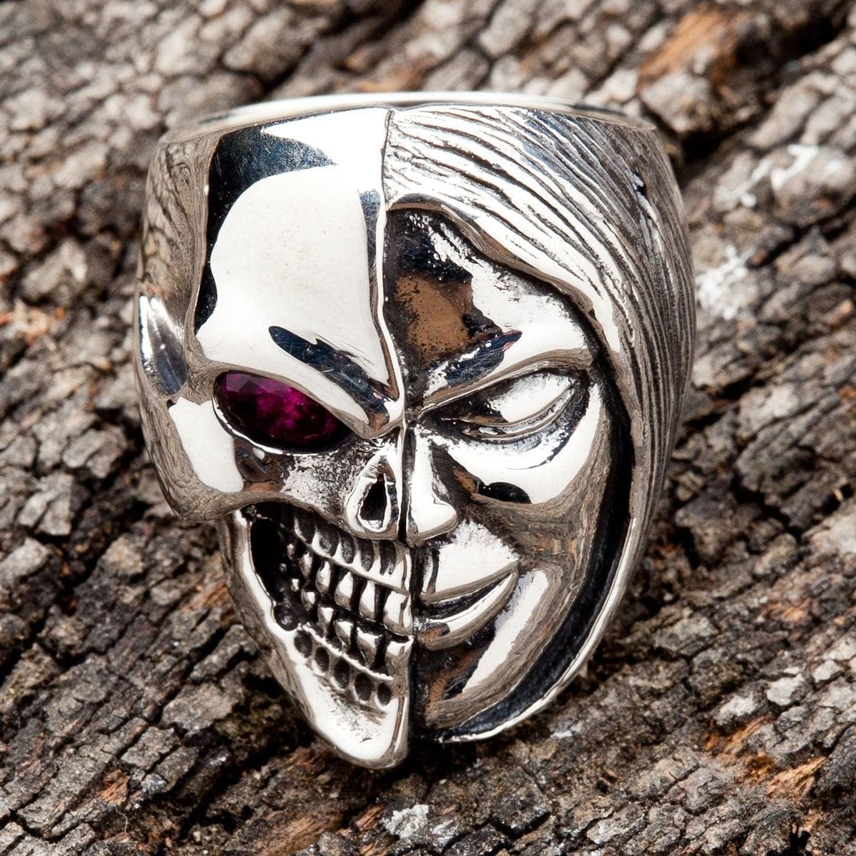 Two-Faced Skull Devil Gothic Ring - Sterling Silver Men's Jewelry for Punk, Rock, and Halloween Costume Accessories