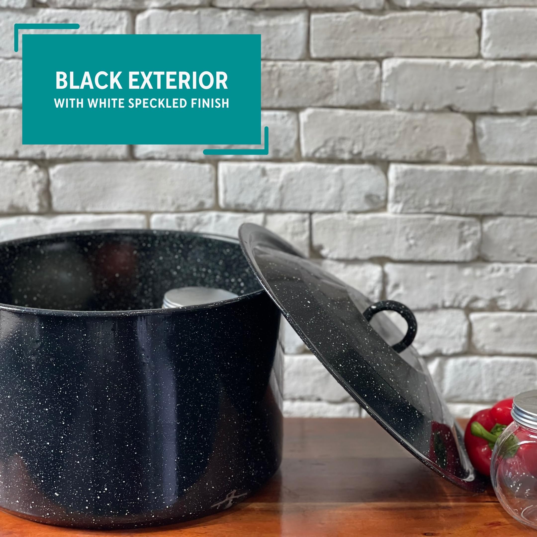 MIRRO 21 Quart Enamel Stock Pot with Lid and Steamer Rack - Large Black Dutch Oven for Soups, Stews, Canning & Home Cooking