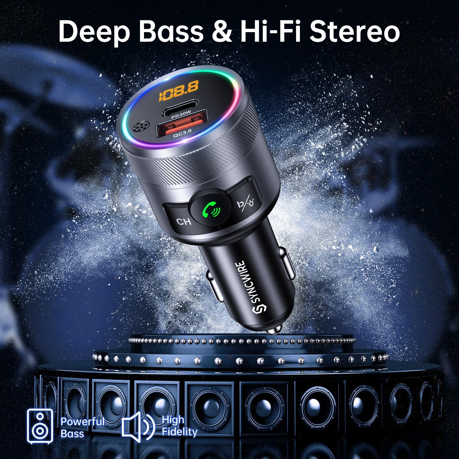 Syncwire Bluetooth 5.3 FM Transmitter for Car - 38W PD&QC3.0 Fast Charging, Hands-Free Calling, Bass Boost MP3 Player with Microphone - Perfect for Road Trips & Commuting