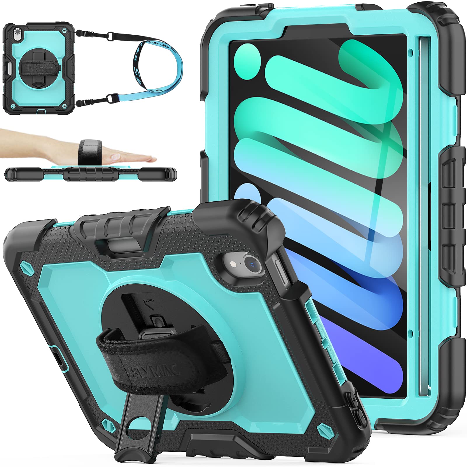 SEYMAC 360 Rotating Stand Case with Hand Strap & Pencil Holder for iPad Mini 7 (2024, A17 Pro) & iPad Mini 6 (8.3 Inch) - Shockproof Protective Cover with Screen Protector, Sky Blue & Black - Perfect for Work, Travel, and Creative Drawing
