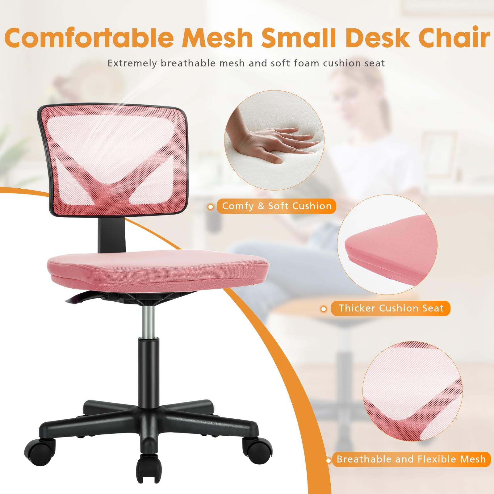 NEWBULIG Small Office Chair Armless with Wheels - Swivel Desk Chair with Lumbar Support & Height Adjustable - Ergonomic Computer Chair for Home Office, Study Room, Vanity & Small Spaces
