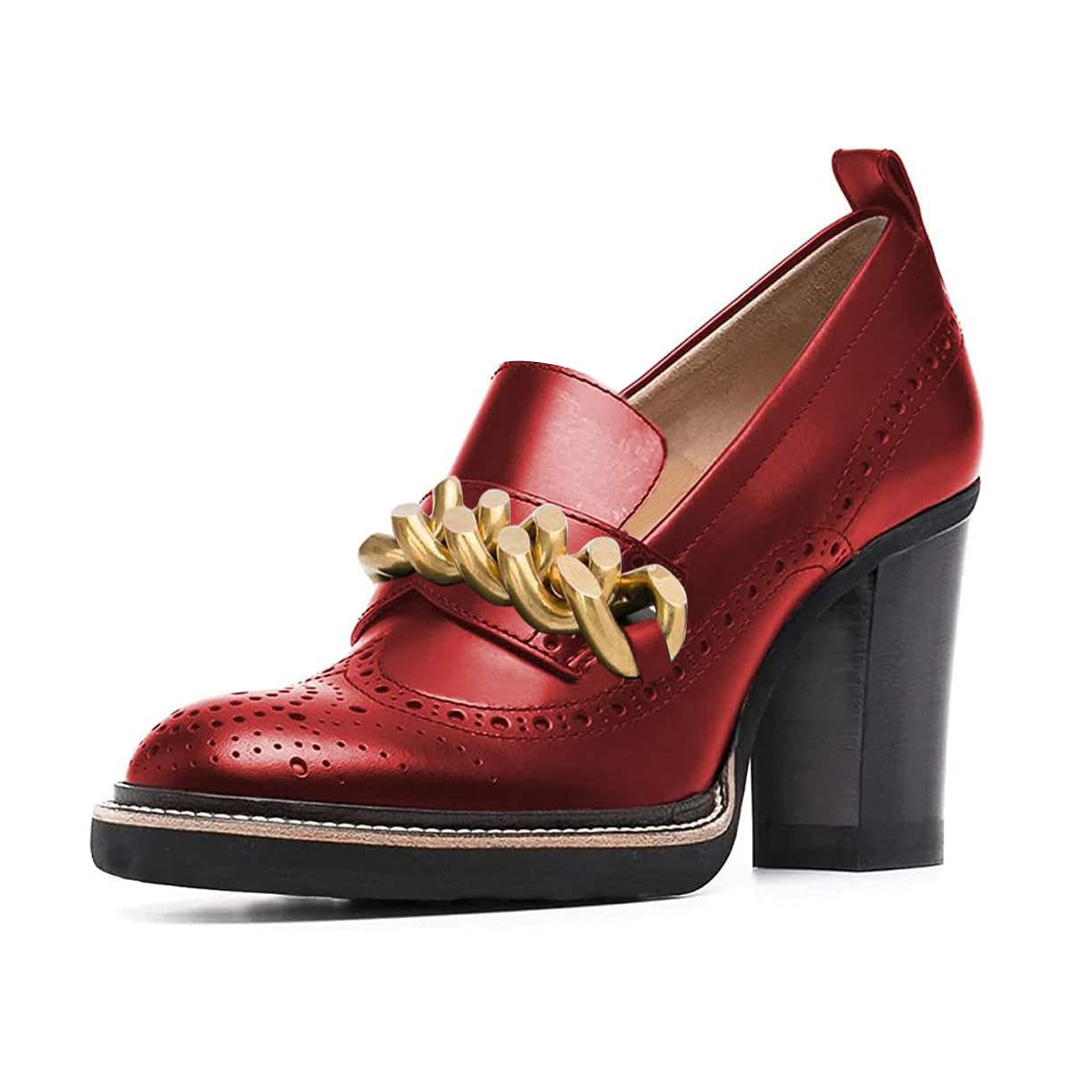 YDN Women's Chunky High Heel Oxford Shoes - Round Toe Slip-On Leather Loafers with Chain Detail for Office & Work (US Size 4-16) | Comfortable Dress Pumps for Business, Professional & Formal Occasions