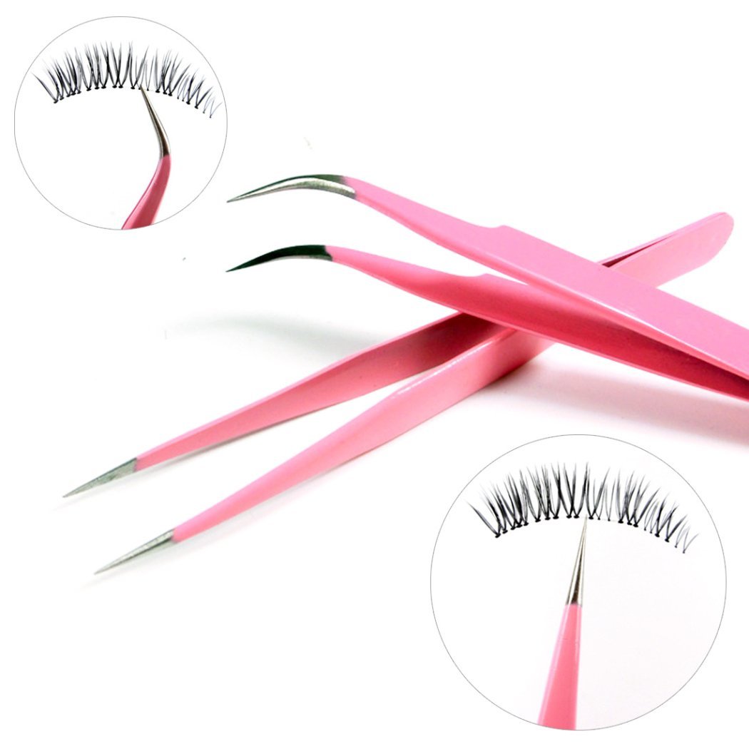 2PCS Pink Stainless Steel Tweezers Set - Straight & Curved Tip Eyelash Extension Tweezers for Professional Lash Application | Perfect for Salon, Home Use & DIY Beauty Kits