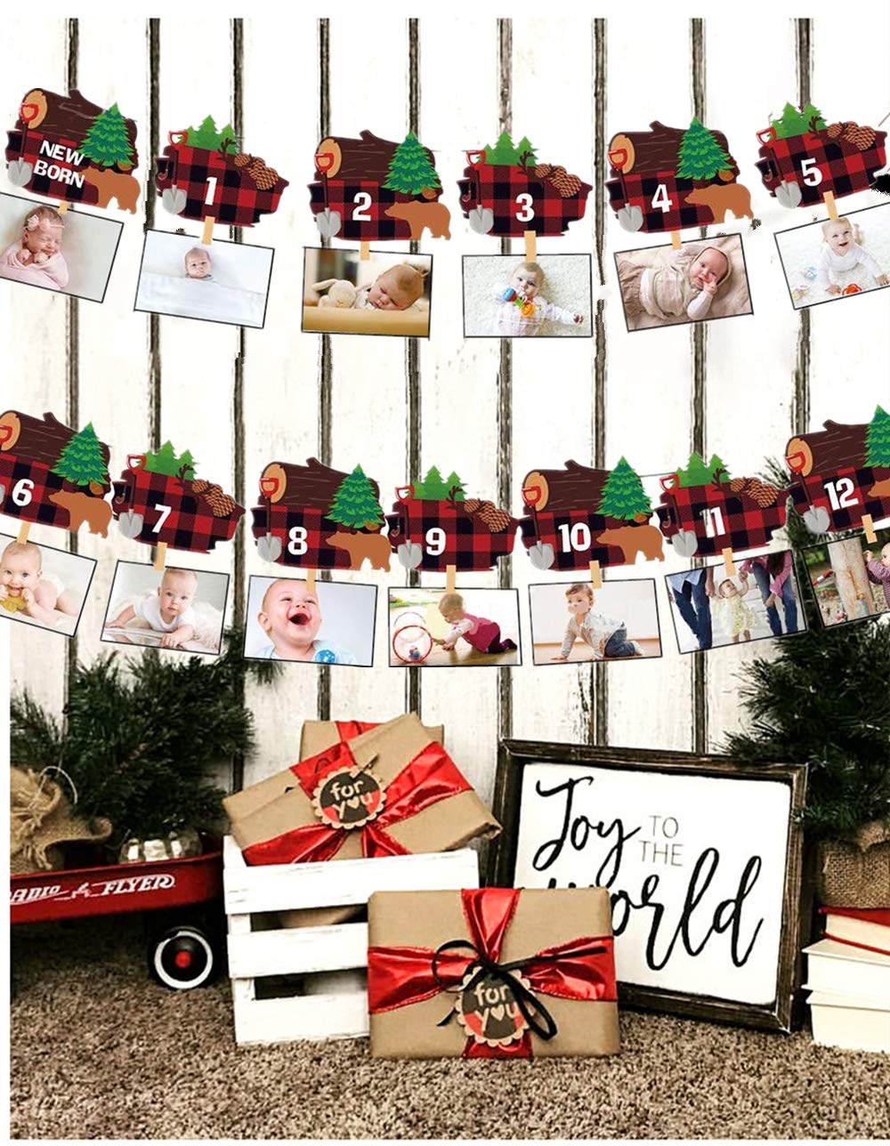 LaVenty Lumberjack First Birthday Banner - Woodland Theme Monthly Photo Banner for Baby's 1st Birthday Party Decorations - Perfect for Rustic Nursery, Outdoor Celebrations & First Year Milestone Photos