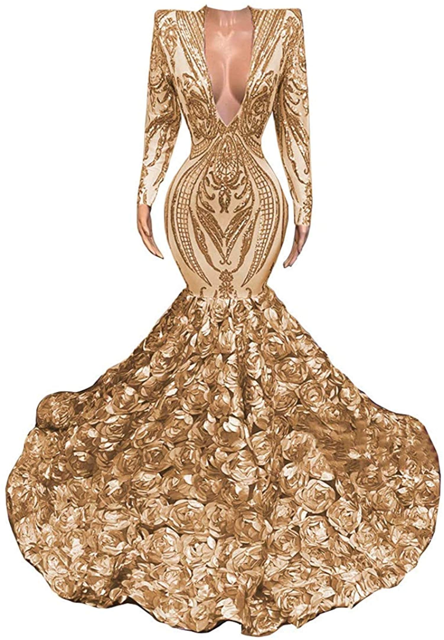 Elegant Long Sleeve V-Neck Mermaid Prom Dress with Sequins & Organza - Perfect for Evening Gala, Pageant, Red Carpet & Celebrity Events