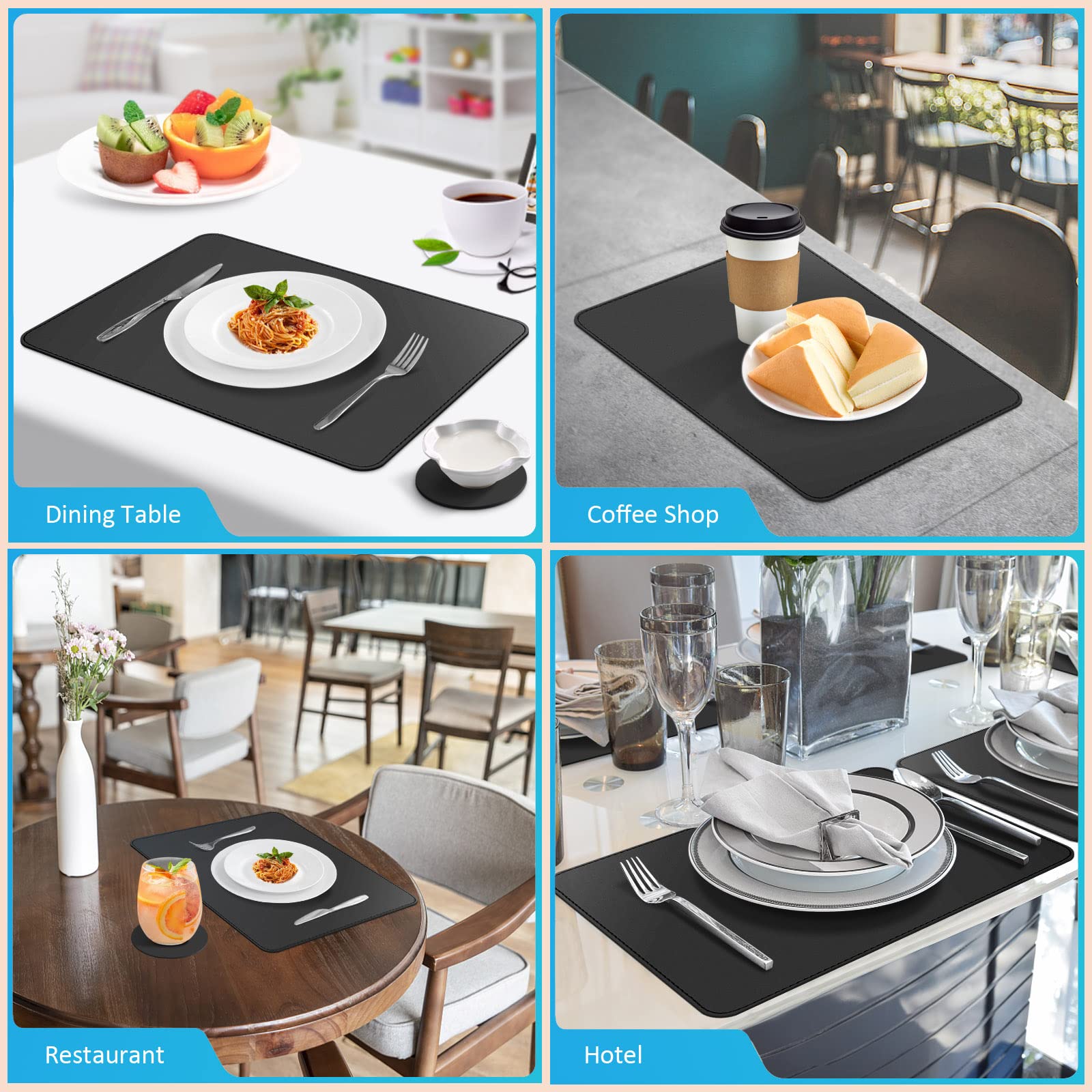 Premium 6-Pack Black Faux Leather Placemats - Waterproof, Heat Resistant, Easy to Clean Vinyl Table Mats for Kitchen & Dining Room Decor - Perfect for Indoor, Outdoor, Parties & Daily Use (Black)