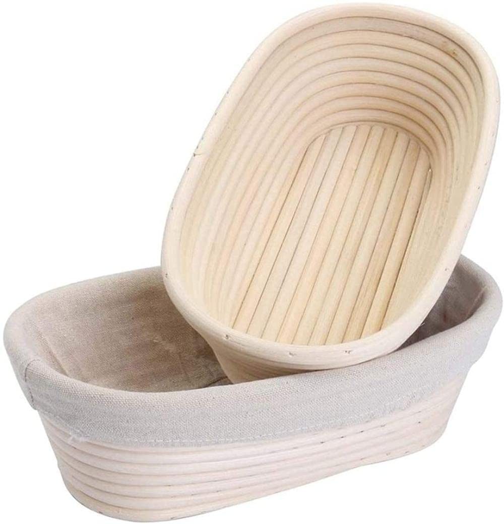 2-Pack 10-Inch Round Rattan Bread Proofing Basket with Liner - Dough Rising Basket, Oval Fruit Tray & Food Storage Container for Homemade Bread Baking & Kitchen Organization