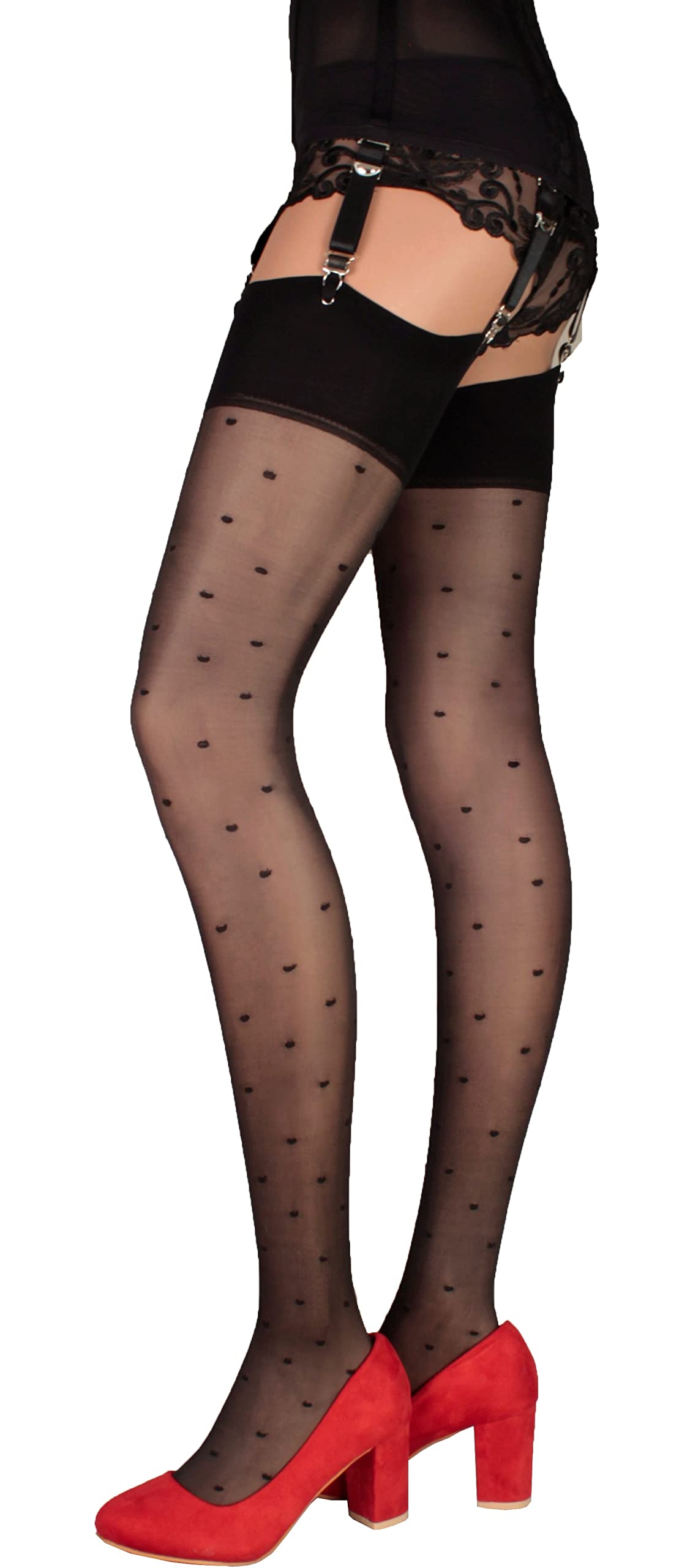 JUST BEAUTY TOUCH Polka Dot Semi-Sheer Stockings - Black 20 Denier, Sizes S-4XL | Fashionable Hosiery for Office, Date Night & Special Occasions