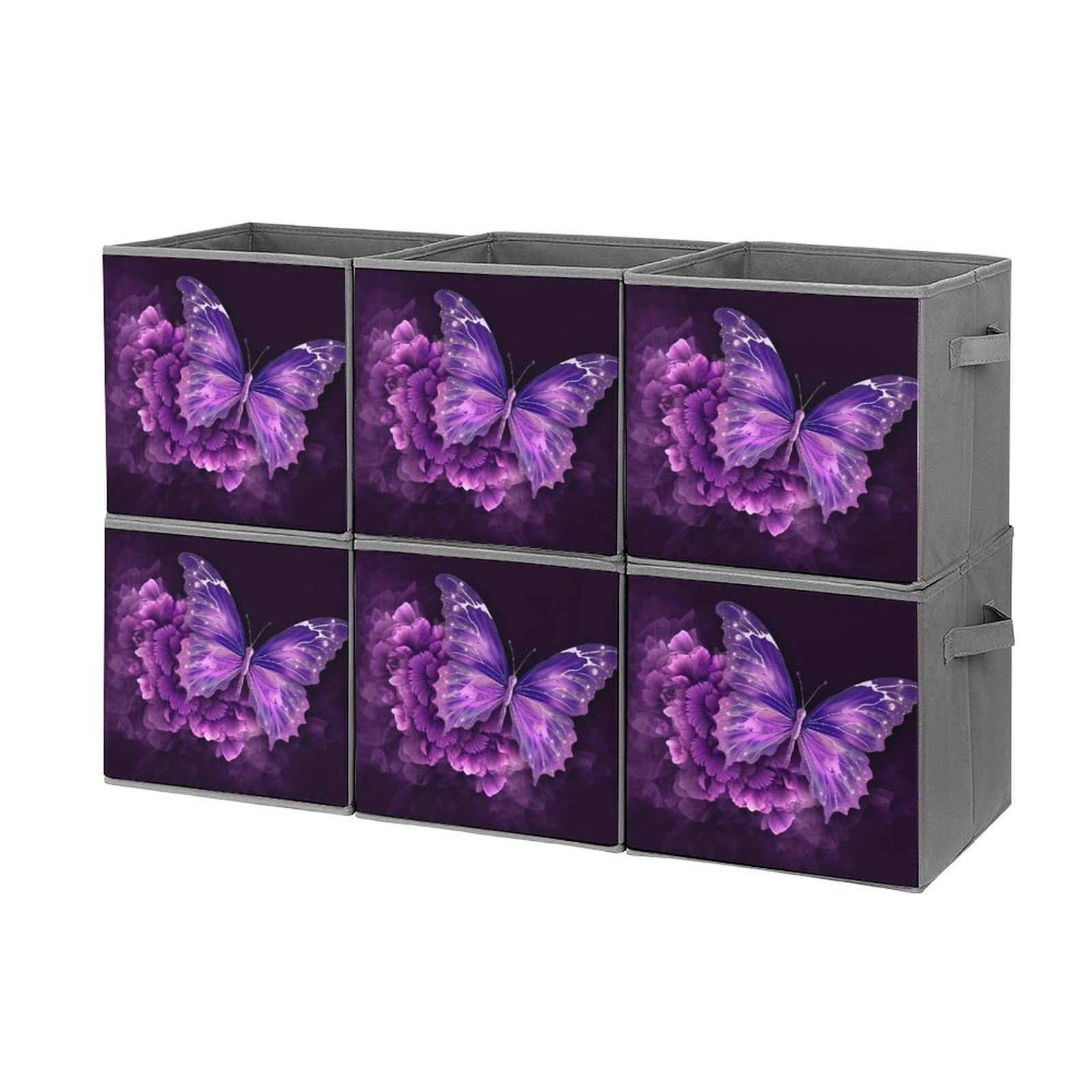 6-Piece Collapsible Storage Bins with Handles - Beautiful Purple Butterfly Floral Design, Multi-Functional Foldable Organizing Baskets for Shelves, Closet, Bathroom & Home Organization | Space-Saving Storage Solution
