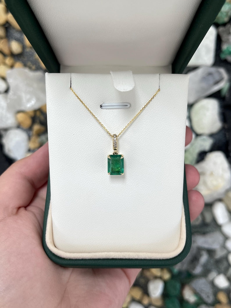 2.16tcw 14K Natural Emerald Cut Emerald & Diamond Accent Pendant Necklace - Lush Dark Green Gemstone Jewelry for Women, Elegant Gift for Anniversary, Birthday & Special Occasions
