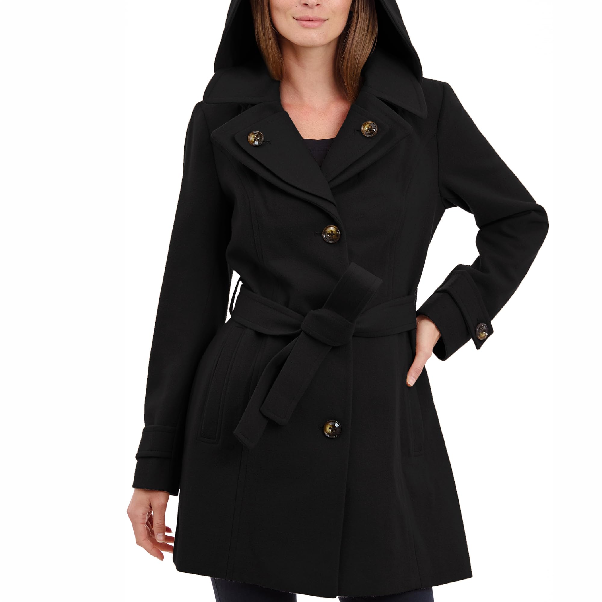 London Fog Women's Double Lapel Wool Coat with Belt - Knee Length Button Front Trench Coat for Fall & Winter Fashion, Office Wear & Outdoor Activities