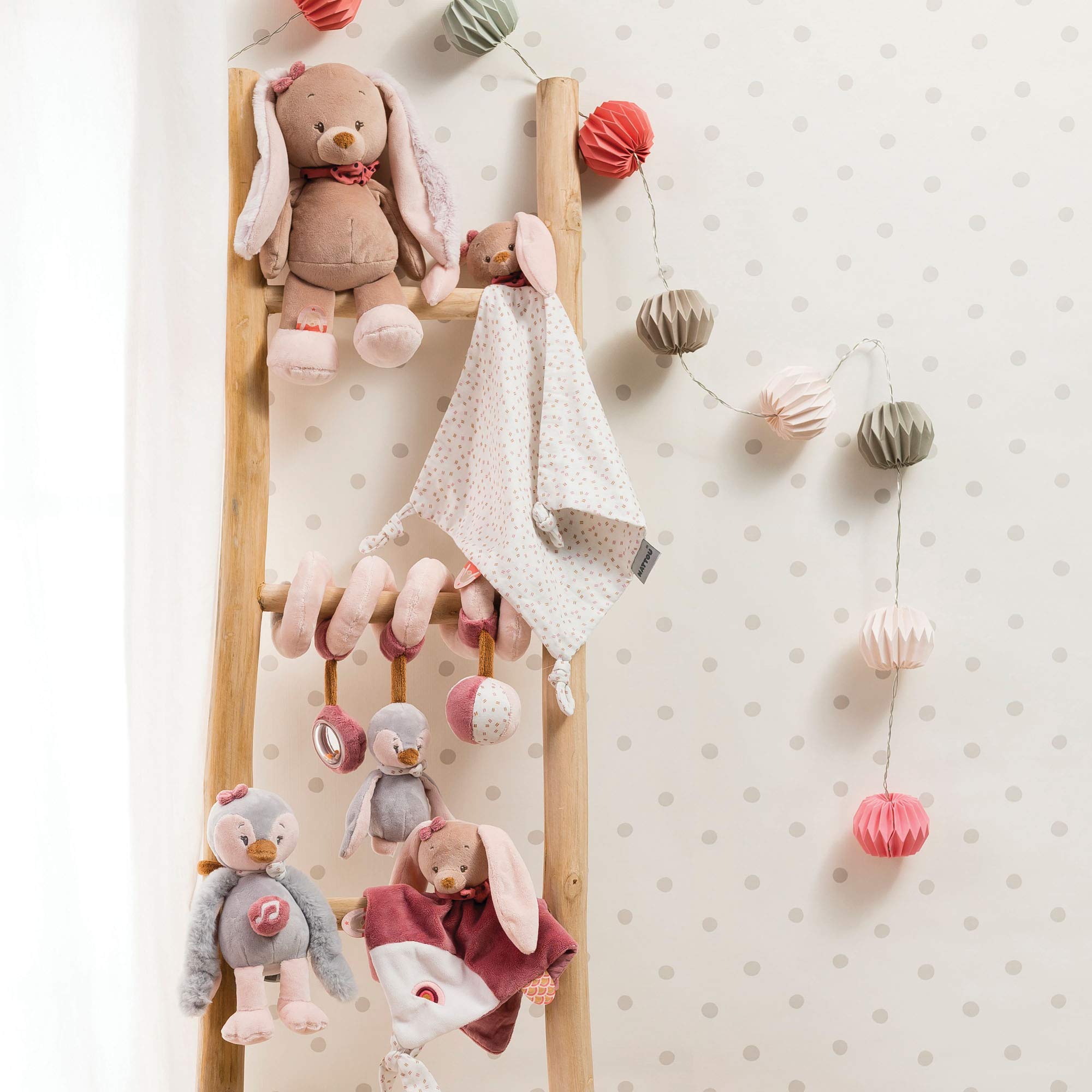 Nattou Doudou Flat Rabbit Pauline, Birth Companion, 27 x 27 cm, Pauline & Sasha, Vintage Pink/Rose/White - Perfect Baby Shower Gift & Newborn Comfort Toy
