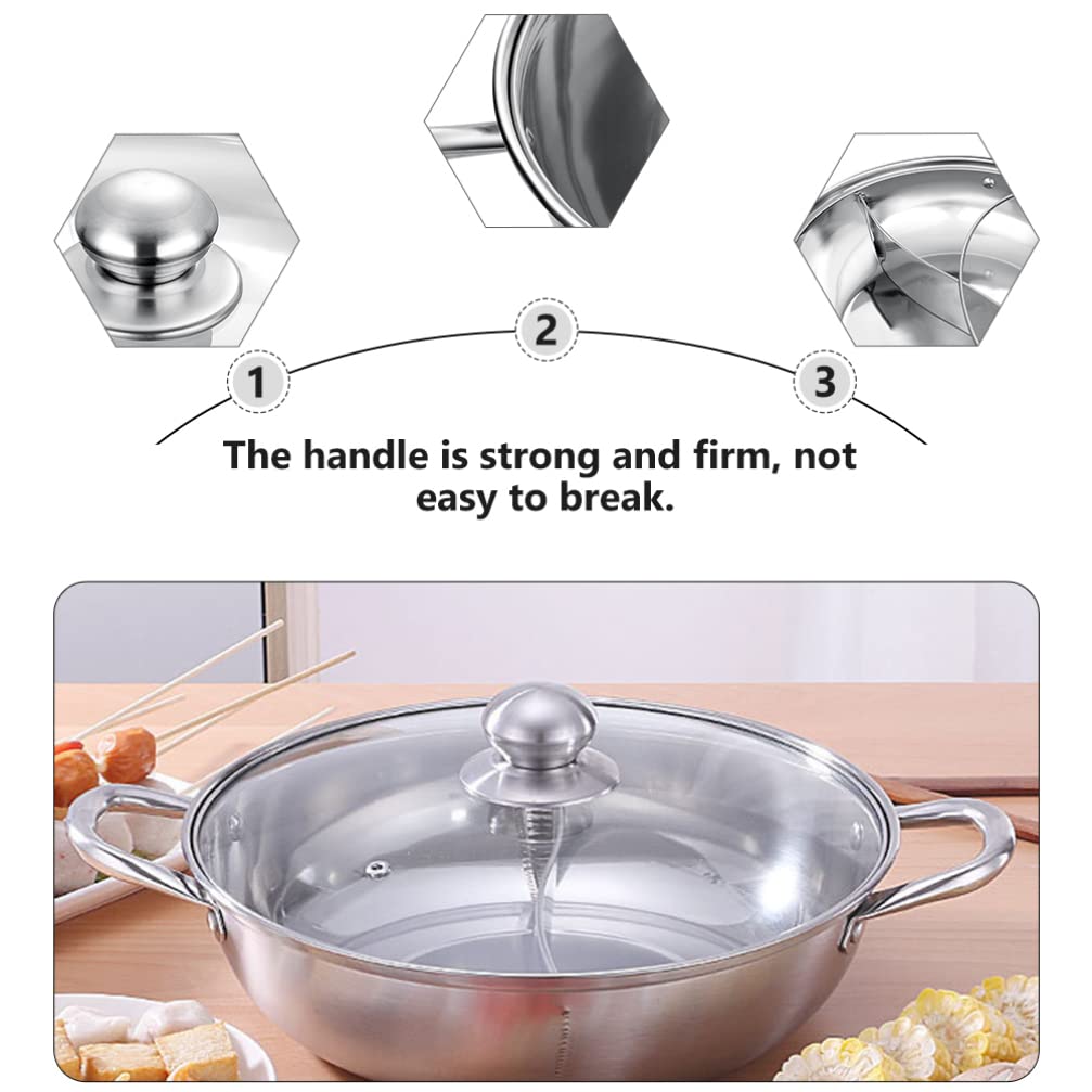 Stainless Steel Dual Flavor Hot Pot with Glass Lid - 2-in-1 Mandarin Duck Hot Pot for Soup, Shabu Shabu & Fondue - Kitchen Cookware with Handles for Home Dining & Party Serving