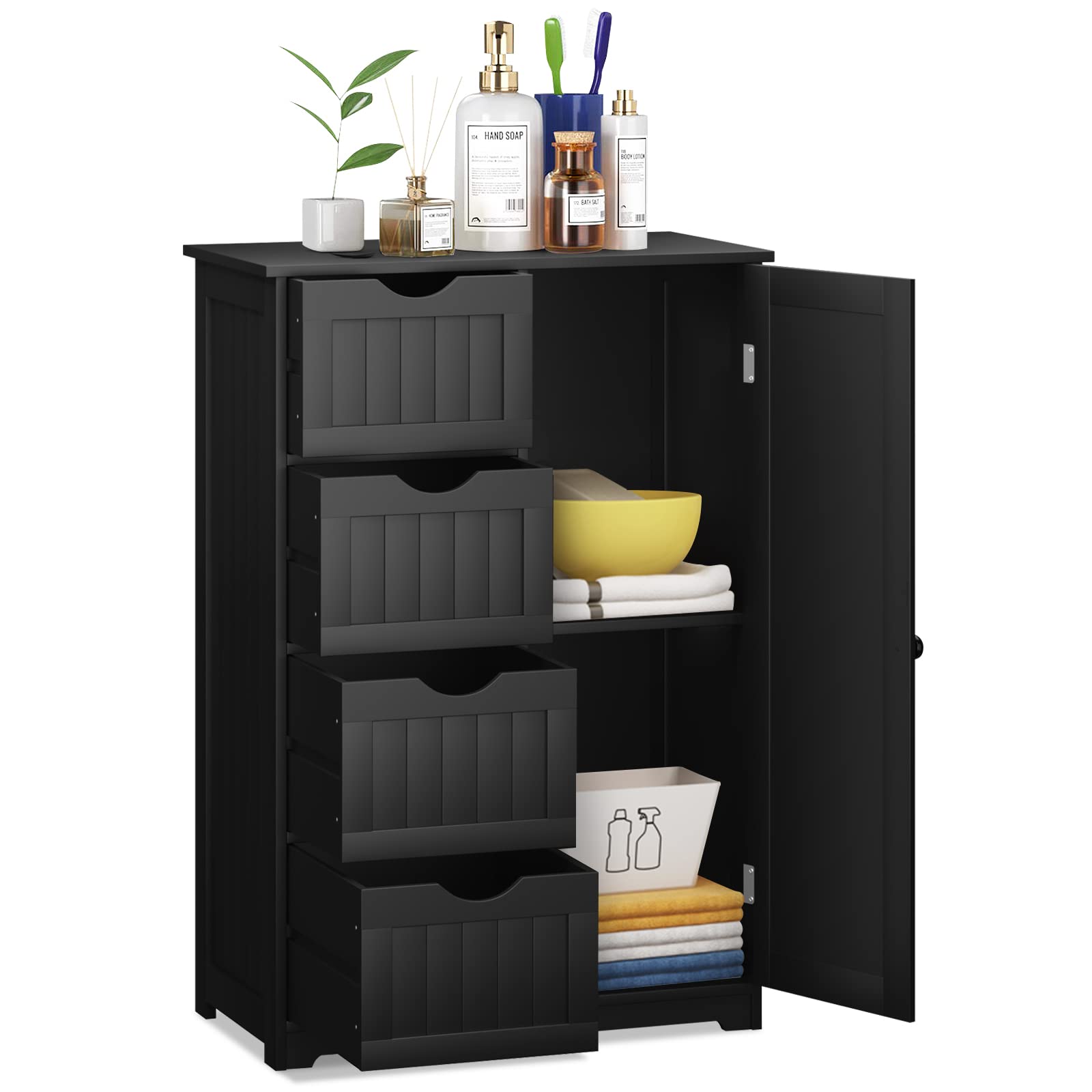 Tangkula 4-Drawer Freestanding Bathroom Storage Cabinet with Adjustable Shelf & Single Door - 22 x 12 x 32 Inches, Black - Perfect for Bathroom Organization, Home Office Storage & Small Space Solutions