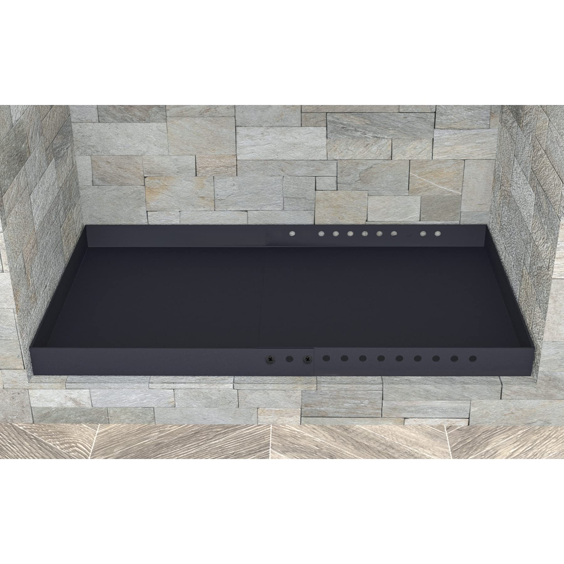 **Expandable Rectangle Fireplace Ash Pan - Galvanized Steel with Powder Coated Adjustable Ember Holder - Black - Perfect for Fireplace Maintenance & Ash Collection**    *(Use Case: Ideal for wood-burning fireplaces, fire pits, and outdoor stoves to safely collect and dispose of ashes while keeping your hearth clean and organized.)*