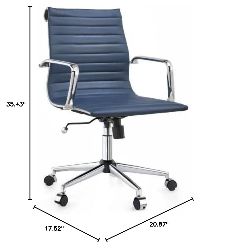 Ergonomic Leather Office Chair - Modern Swivel Executive Desk Chair with Ribbed Back Support for Home & Conference Room - Navy Blue (Perfect for Long Work Hours & Video Meetings)