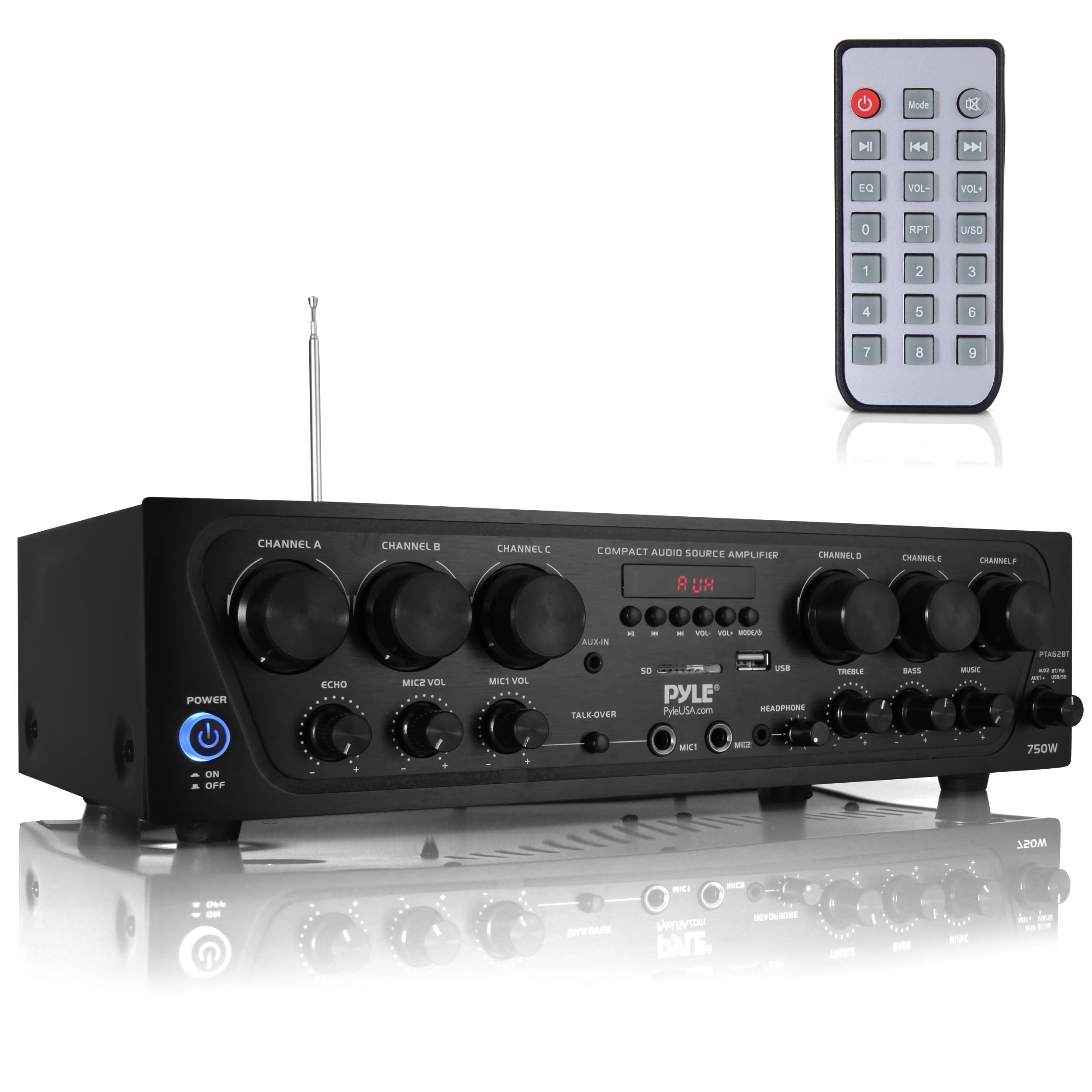 Pyle Wireless Bluetooth Karaoke System - 6 Channel 750W Home Audio Stereo Receiver Amplifier with USB, Headphone & 2 Mic Inputs w/Echo - PA PTA62BT for Home Parties, KTV, DJ & Live Performances (Black)