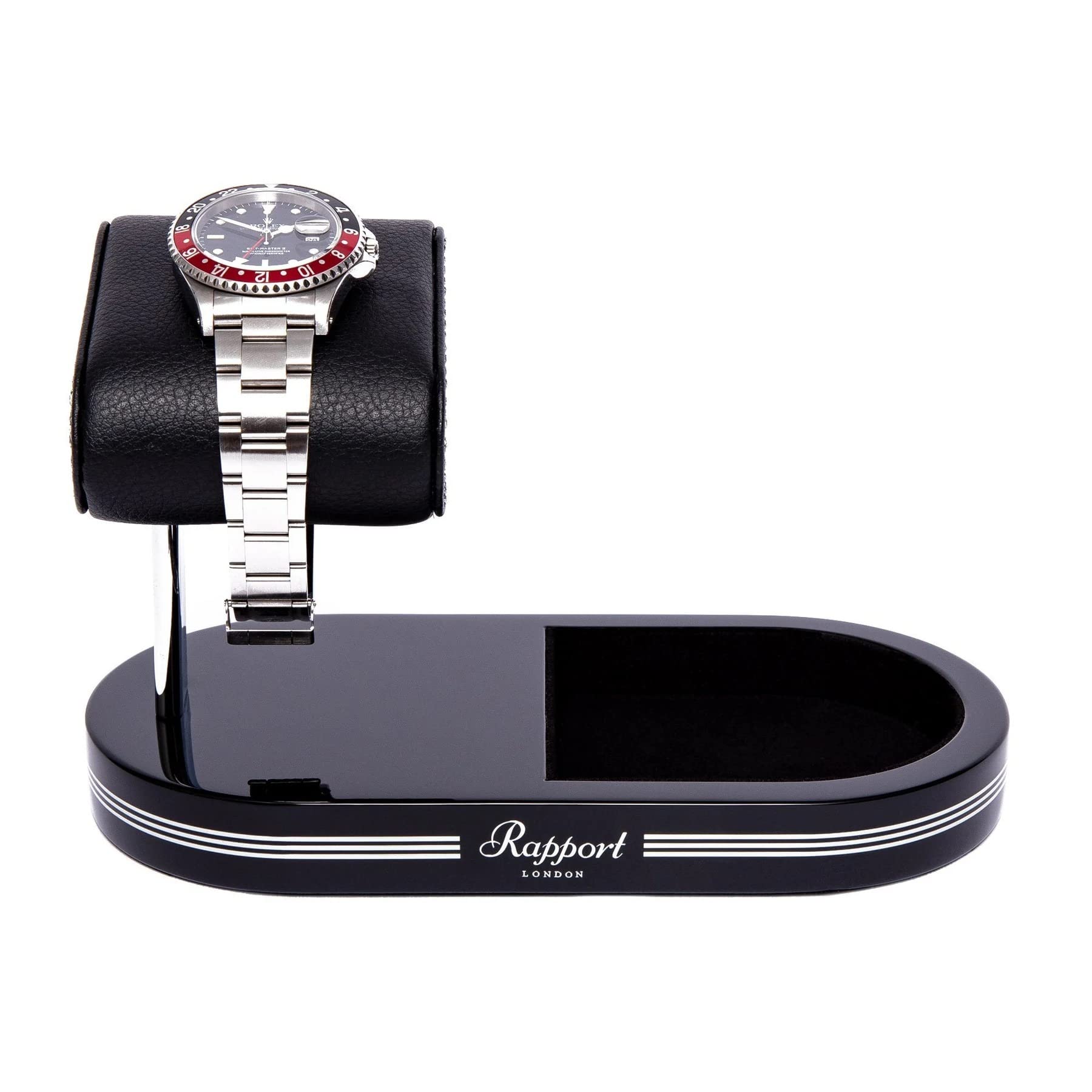 Luxury Watch Stand with Storage Tray - Premium Full Grain Leather Cushion for Cufflinks, Jewelry & AirPods (Black/Silver) - Elegant Watch Display & Organizer for Dresser, Vanity or Office Desk