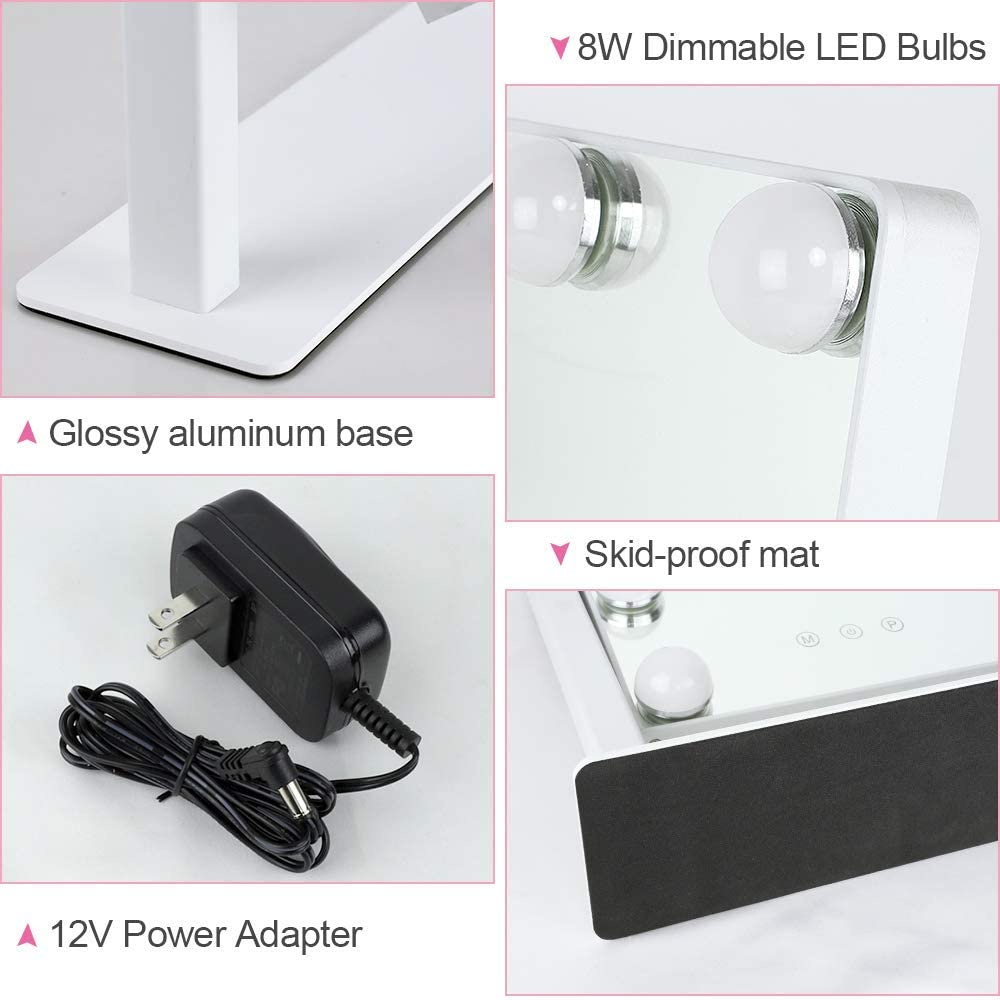 Depuley 14 x 12 Inch Hollywood Vanity Mirror with Lights - 10X Magnification, 9 Dimmable LED Bulbs, Touch Screen & 360° Rotation - White Makeup Mirror (35 x 30 cm) for Bedroom, Dressing Room & Beauty Salon