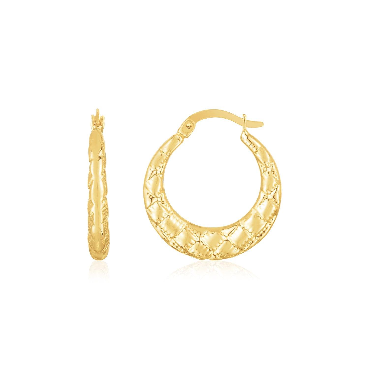 14K Yellow Gold Puffed Checkerboard Hoop Earrings - Elegant Statement Jewelry for Women, Perfect for Parties, Weddings & Everyday Wear