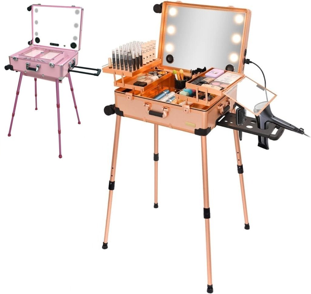 24 Inch Professional Makeup Rolling Case with LED Lights & Bluetooth Speaker - Portable Cosmetic Organizer for Travel, Salon, and Mobile Makeup Artists
