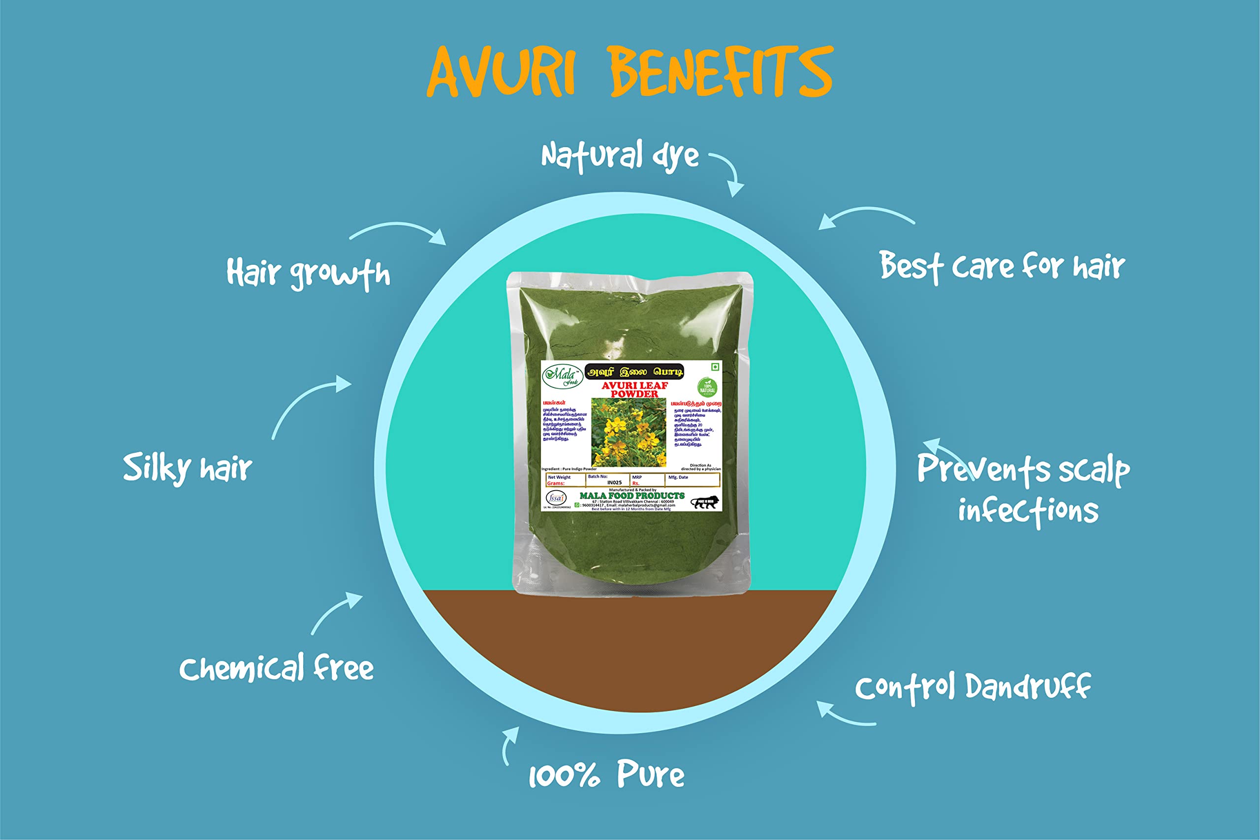 Avuri Powder (Indigo Powder) for Natural Hair Care & Coloring - 500g | Chemical-Free Herbal Hair Dye for Gray Coverage & Scalp Health | DIY Hair Mask & Ayurvedic Treatment