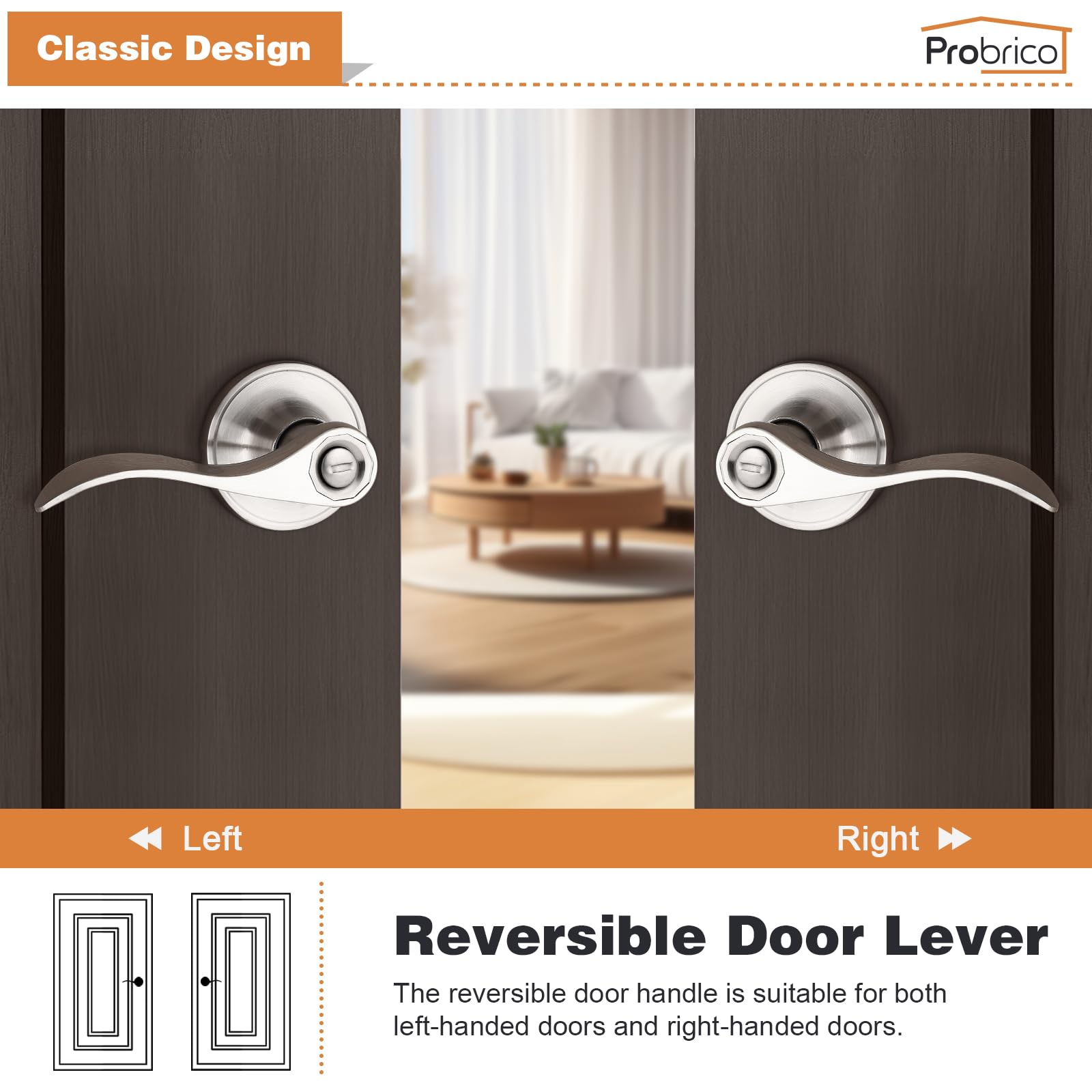 Probrico 10-Pack Satin Nickel Wave Style Privacy Door Levers - Bedroom & Bathroom Door Handles with Lock - Durable Interior Door Hardware for Homes, Hotels, and Offices
