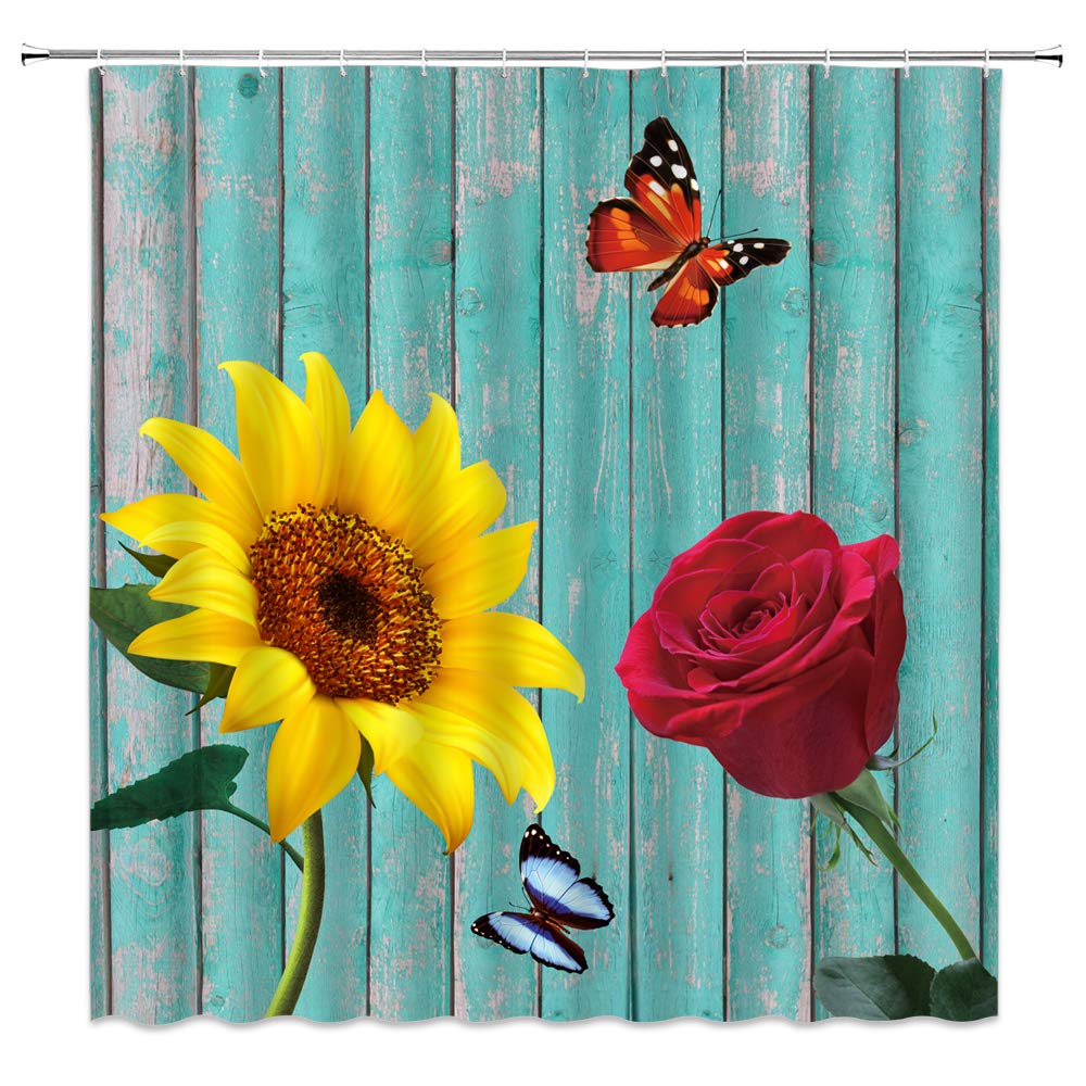 Vintage Sunflower Rose Shower Curtain - Rustic Wildflower Design with Yellow Sunflowers, Red Roses & Butterflies - Farmhouse Bathroom Decor for Country Style Homes (Includes Hooks, Teal Color) - Perfect for Spring Refresh or Farmhouse-Themed Bathroom Makeover