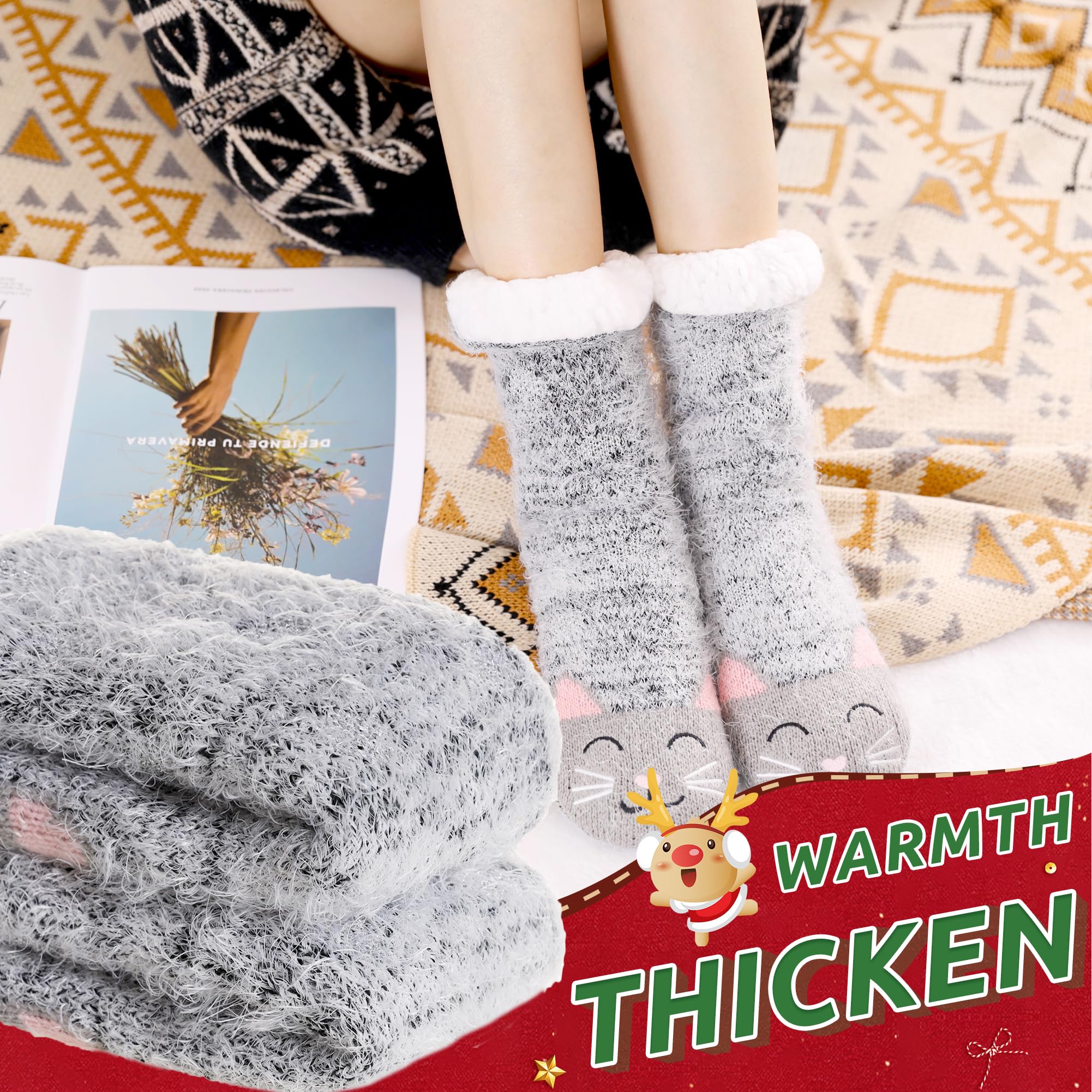 Women's Winter Socks - Warm Knit Anti-Slip Fuzzy Slipper Socks with Cute Animal Designs for Indoor/Outdoor Wear - Perfect for Home, Office & Cold Weather Comfort