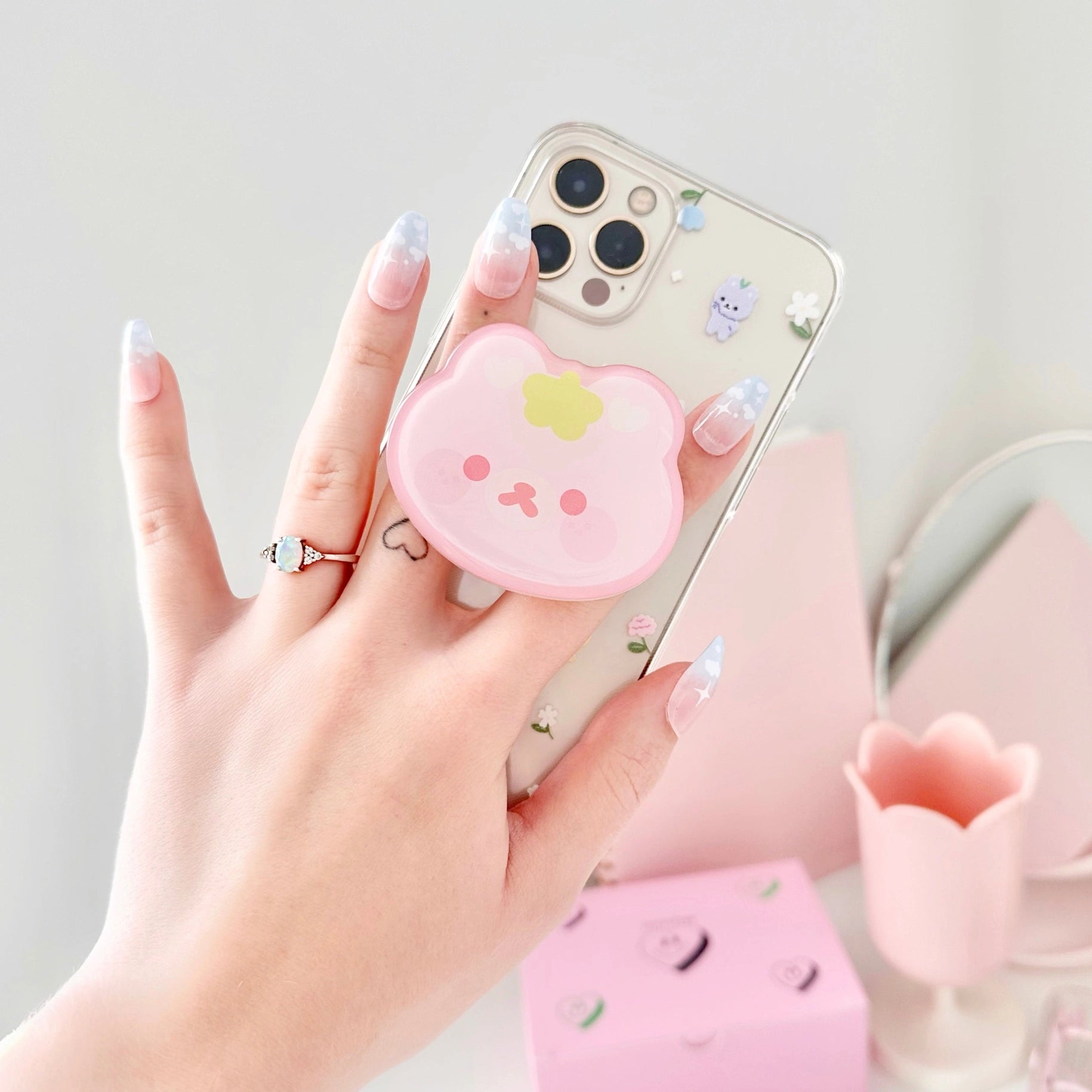 Cotton Candy Bear Phone Grip Holder - Cute Glossy Glitter Phone Stand for iPhone & Samsung | Perfect for Summer, Beach, Pool Parties & Everyday Use
