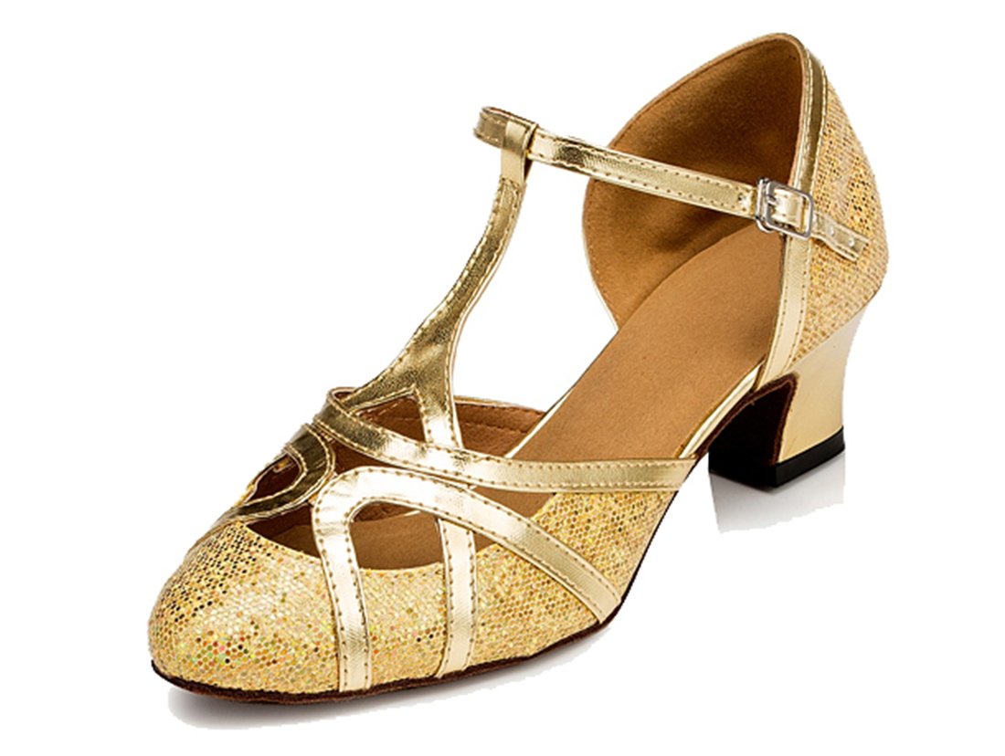 TDA Women's T-Strap Glitter Dance Shoes for Salsa, Tango, Ballroom & Latin - 5cm Heel, Gold Glitter (Size 8.5) | Perfect for Dance Parties, Performances & Social Events